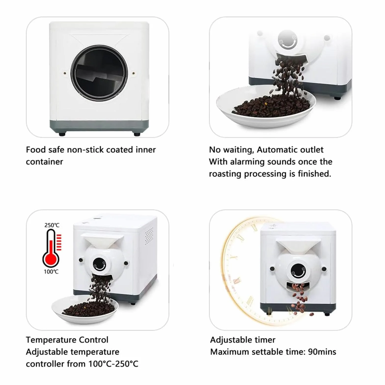 Elektryczny palacz kawy 1500 g, inteligentny palacz kawy ziarnistej o mocy 1600 W, timer 0-90 minut i kontrola temperatury 100-250°C (White)