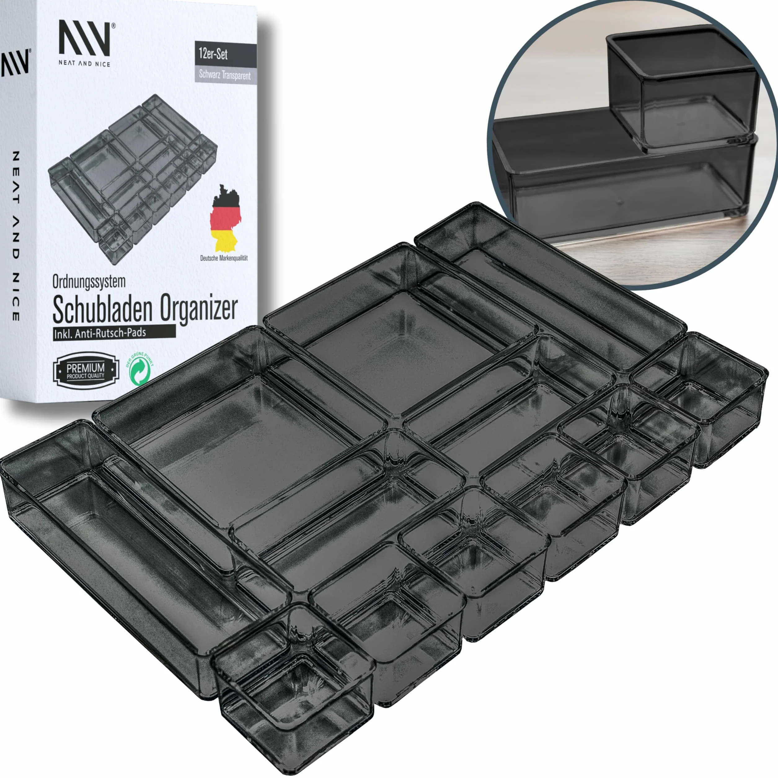 12-częściowy czarny + przezroczysty organizer do szuflad w zestawie podkładki antypoślizgowe w 4 różnych rozmiarach | system porządkowania do biura, łazienki, kuchni | organizer do makijażu do