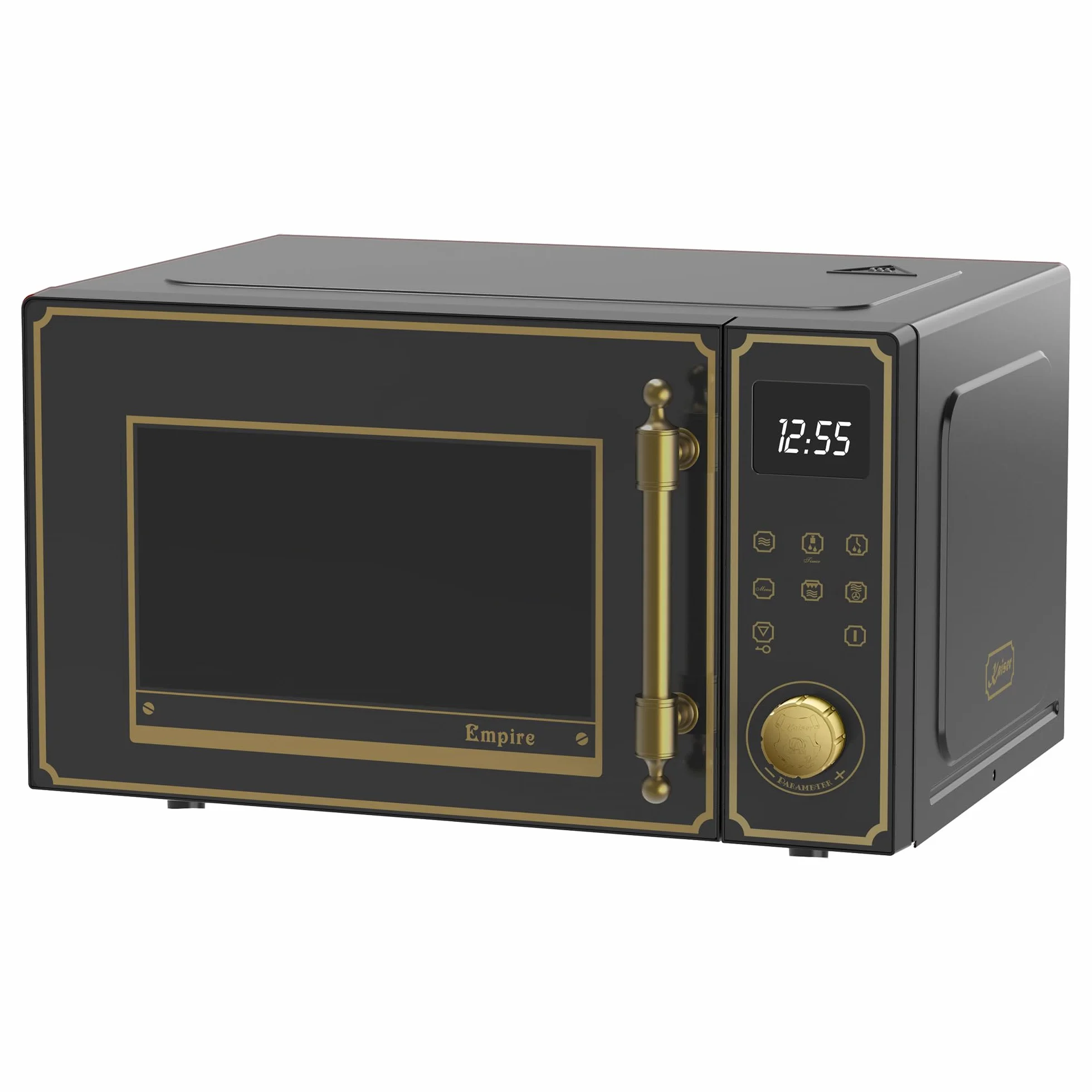 Kaiser Empire M 2530 Em Retro kuchenka mikrofalowa w kolorze czarnym | 25 l | grill 1200 W | gorące powietrze 2200 W | obsługa FullTouch z pokrętłem obrotowym | szklany front | uchwyt drzwi z