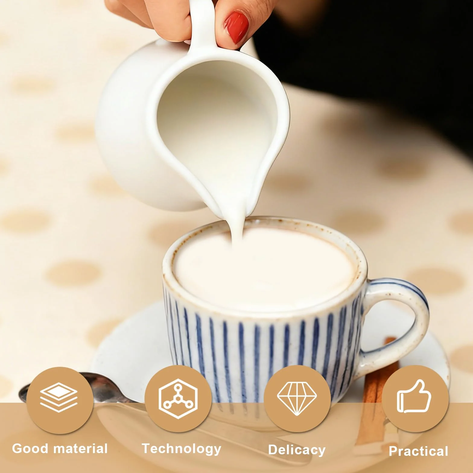 GOMETY Zestaw do mleka i cukru z pokrywką i łyżką, ceramiczny dzbanek na mleko i cukiernica z drewnianą tacą, nadaje się do mycia w zmywarce i kuchenki mikrofalowej, do kawy i cappuccino (biały)
