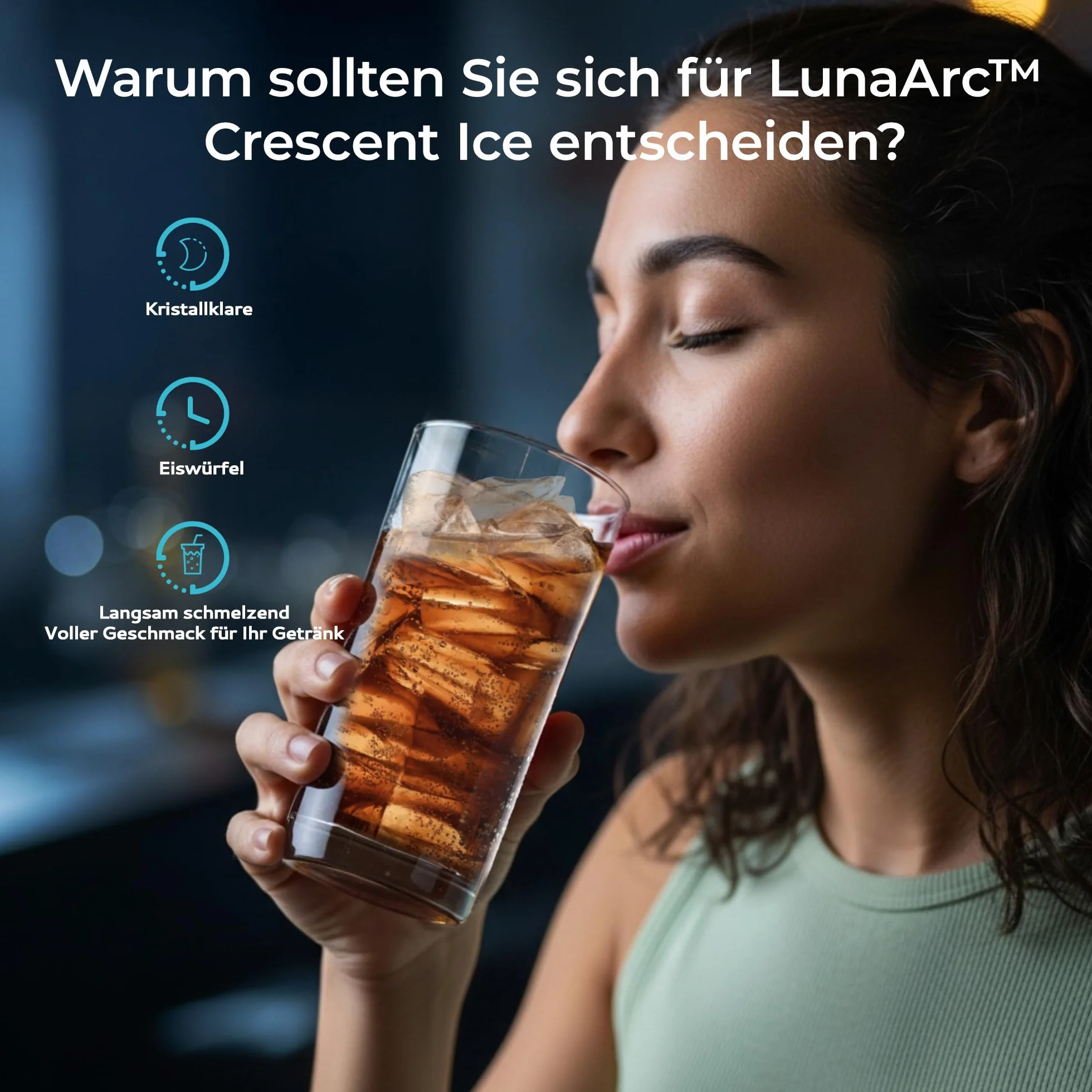 EUHOMY LunaArc Crescent Przenośna kostkarka do kostek lodu z kryształowym półksiężycem, 1600 sztuk/dzień gotowa w 12 minut, automatyczne głębokie czyszczenie, maszyna do kostek lodu do whisky/kawy