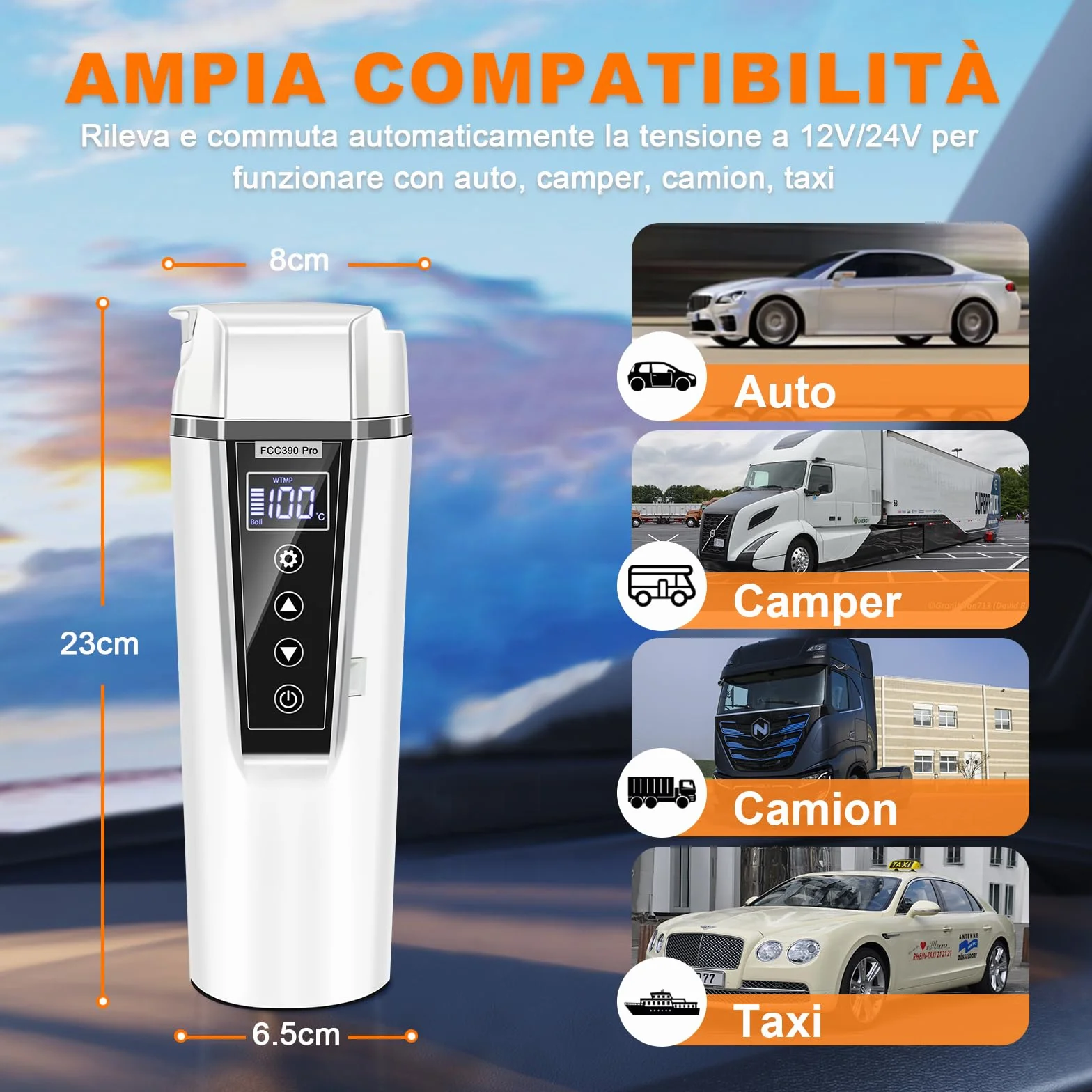 Podróżny czajnik elektryczny do samochodu, 12 V, 24 V, do samochodów ciężarowych, taksówek, niemowląt, szybkie podgrzewanie, kubek podróżny z zapalniczką, kontrola temperatury, 450 ml
