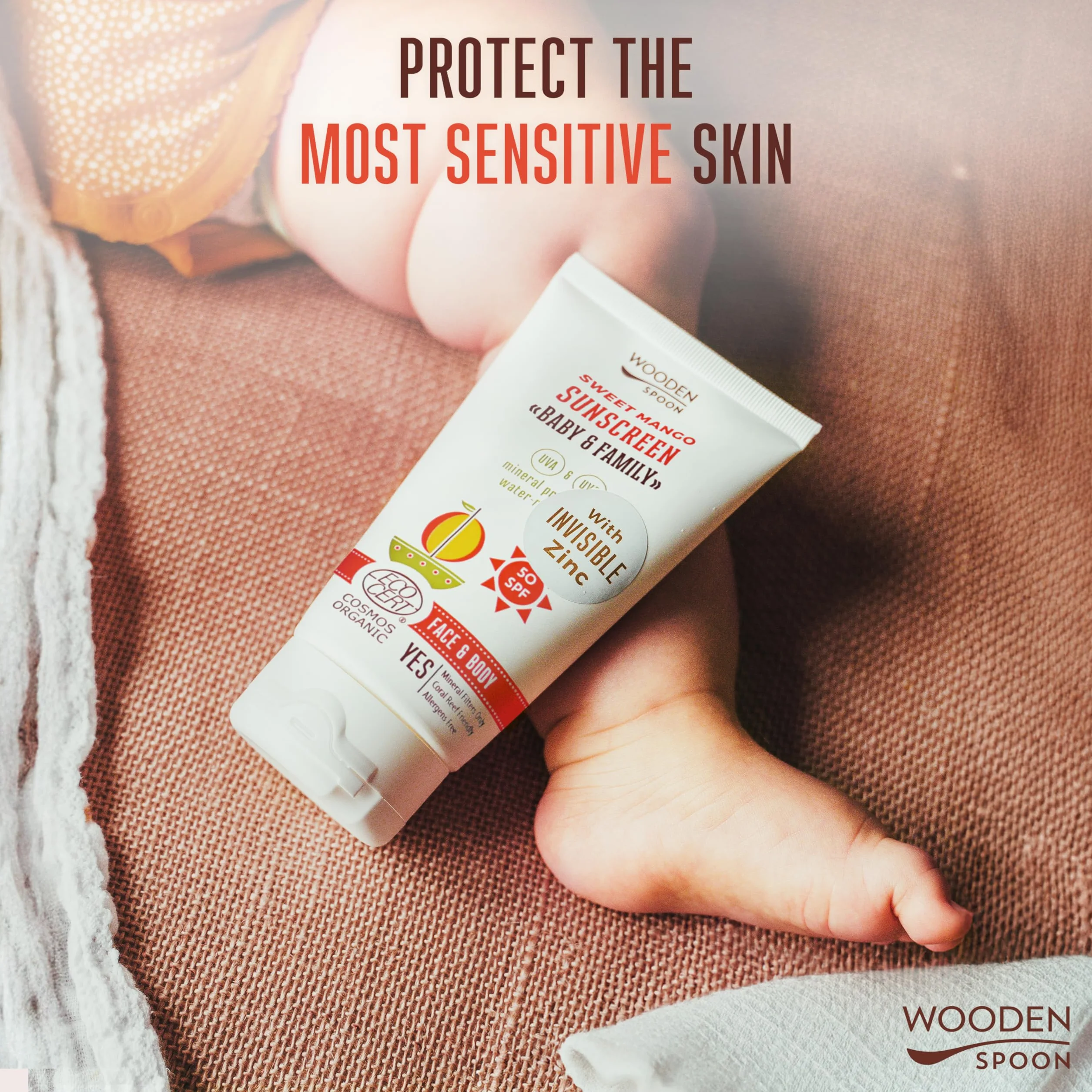 WOODEN SPOON Organiczny krem przeciwsłoneczny "Baby & Familie" SPF 50 UVA i UVB – słodkie mango 150 ml