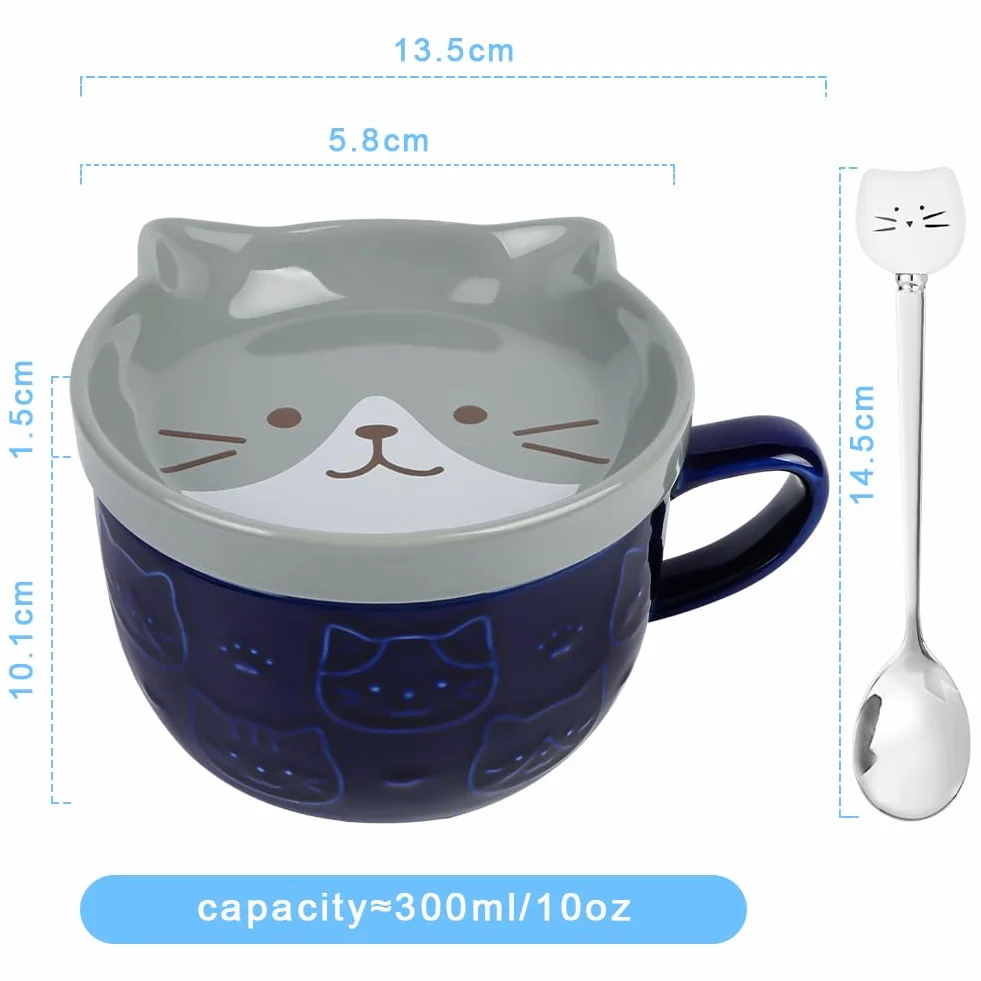 HOTUT Uroczy ceramiczny kubek dla kota, 300 ml z pokrywką, zestaw filiżanek do kawy, śniadaniowy, prezenty świąteczne dla córki, syna, przyjaciół, rodziny - niebieski