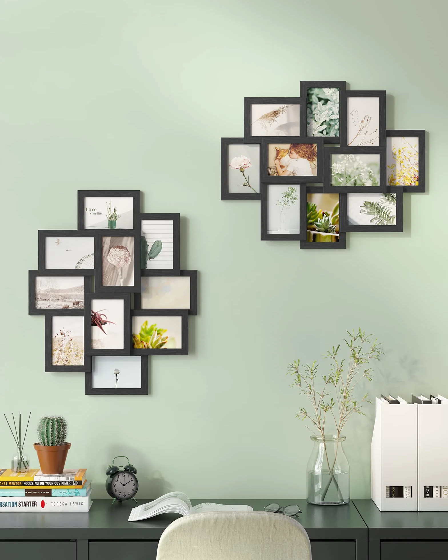 SONGMICS Kolaż ramek na zdjęcia, rodzinna ramka na zdjęcia, na 10 zdjęć po 10 x 15 cm (4x6”), z płyty MDF, wymagany montaż, czarny RPF20BK