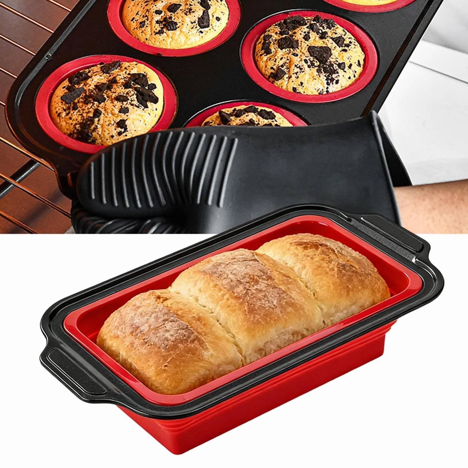 Forma do pieczenia z silikonu Układane na stos | Z rękawicą, skrobaką i pędzelkiem, nieprzywierający zestaw do pieczenia do Babeczek, Chleba, Ciastek, Muffin, Jajek, Pączków