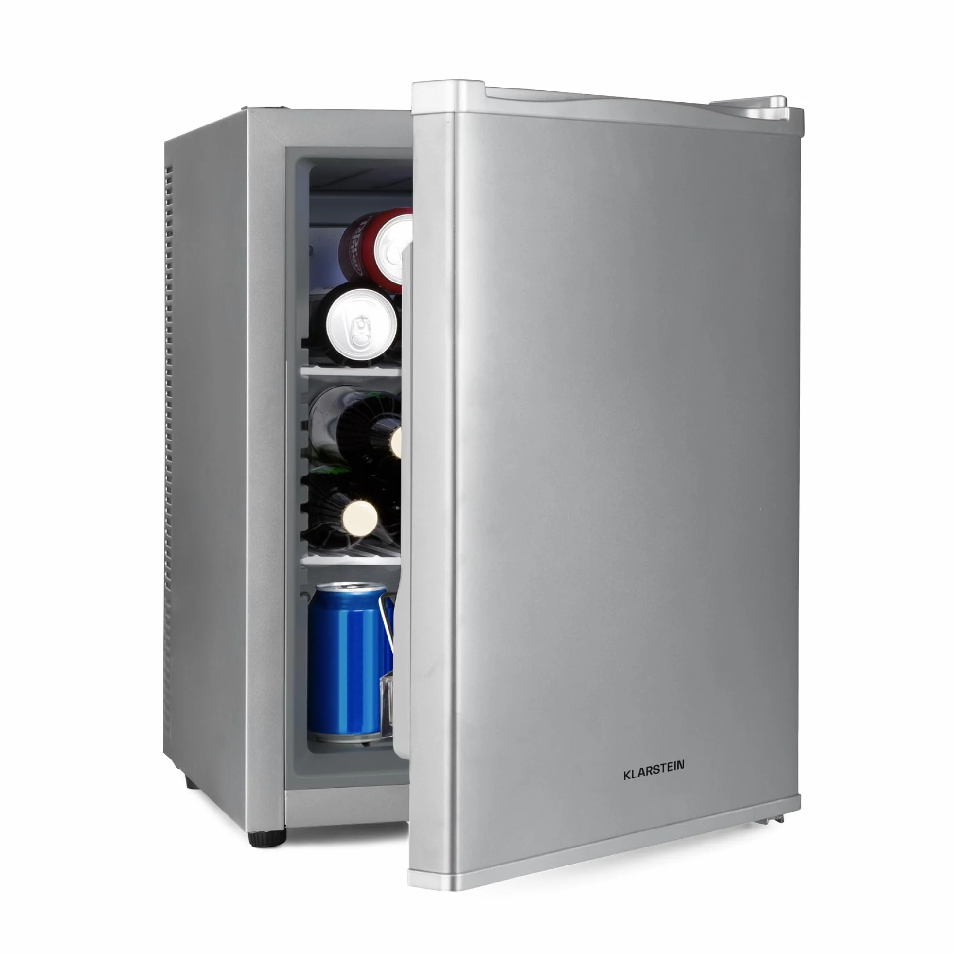 Klarstein Happy Hour - minibar, mini lodówka, lodówka na napoje, kompresor, temperatura chłodzenia: 5-15 °C, cichy: 0 dB, oświetlenie LED, 37 litrów, srebrny