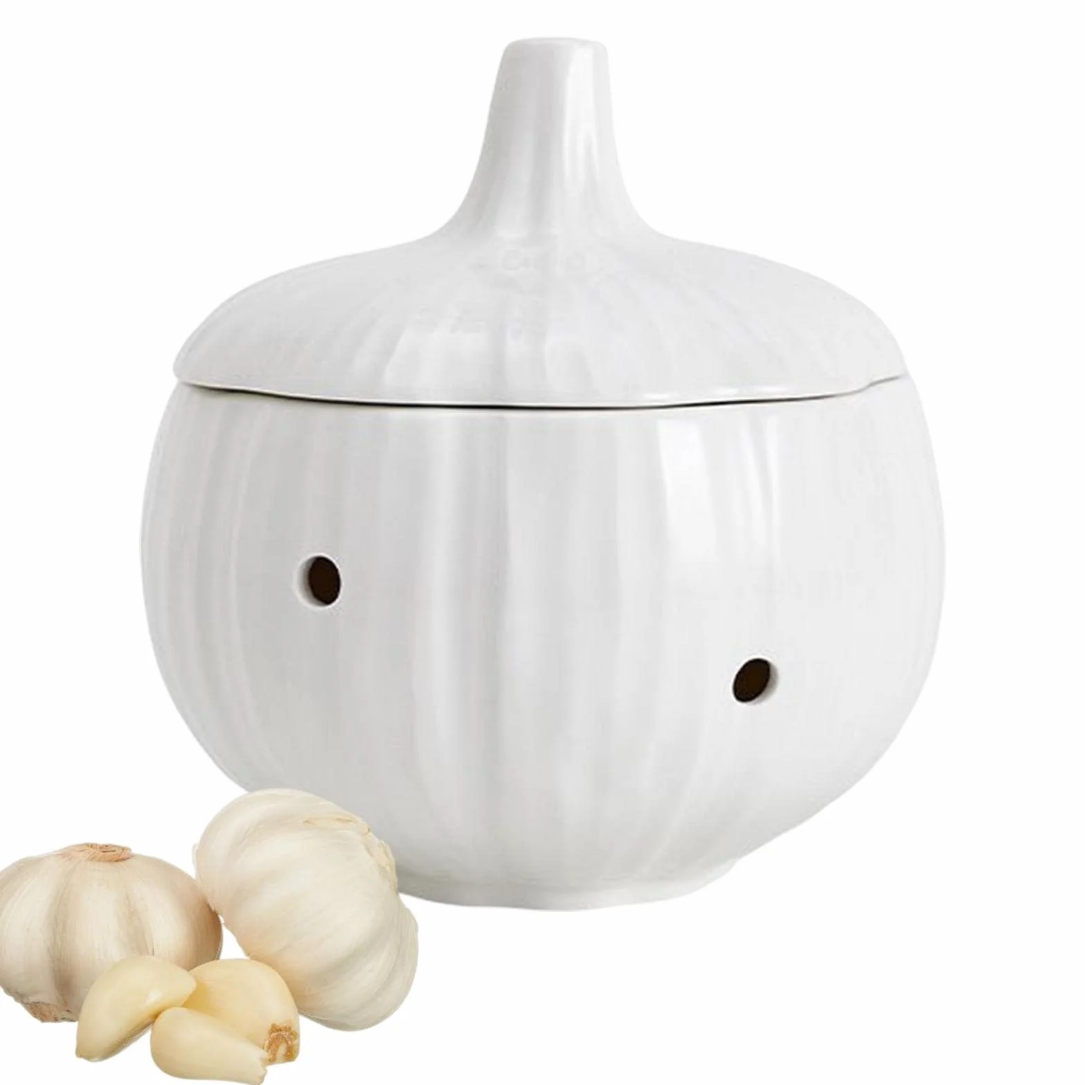 Pojemnik do przechowywania czosnku, ceramiczny, pojemnik imbir z wentylowanymi otworami i pokrywk? , pojemnik z bia?ej kamionki, suszone czosnek chili