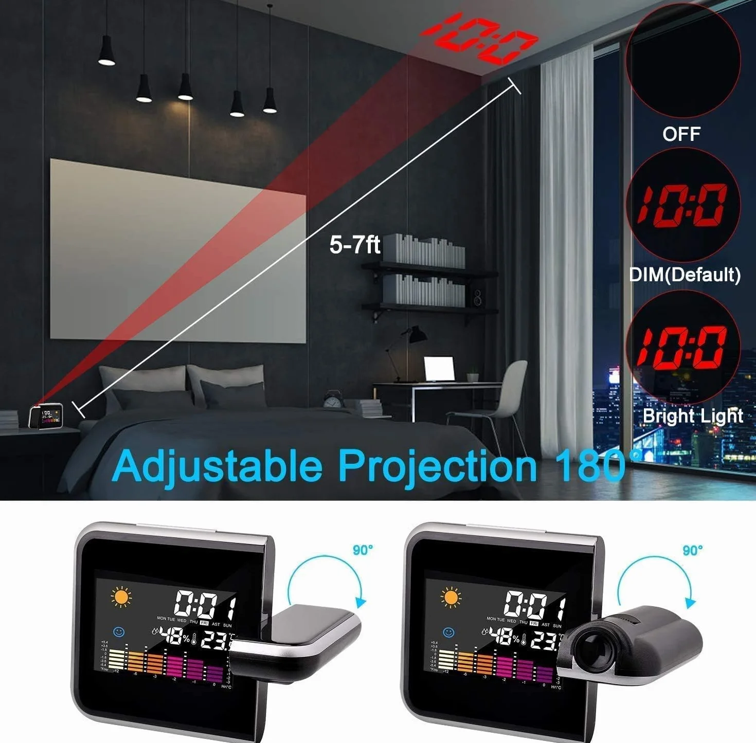 Cyfrowy budzik z projektorem LED, ładowanie USB, kolorowy wyświetlacz LCD, cyfrowy budzik z funkcją drzemki, higrometr, temperatura wewnętrzna, budzik, wyświetlanie daty, 12 i 24, do sypialni, biura
