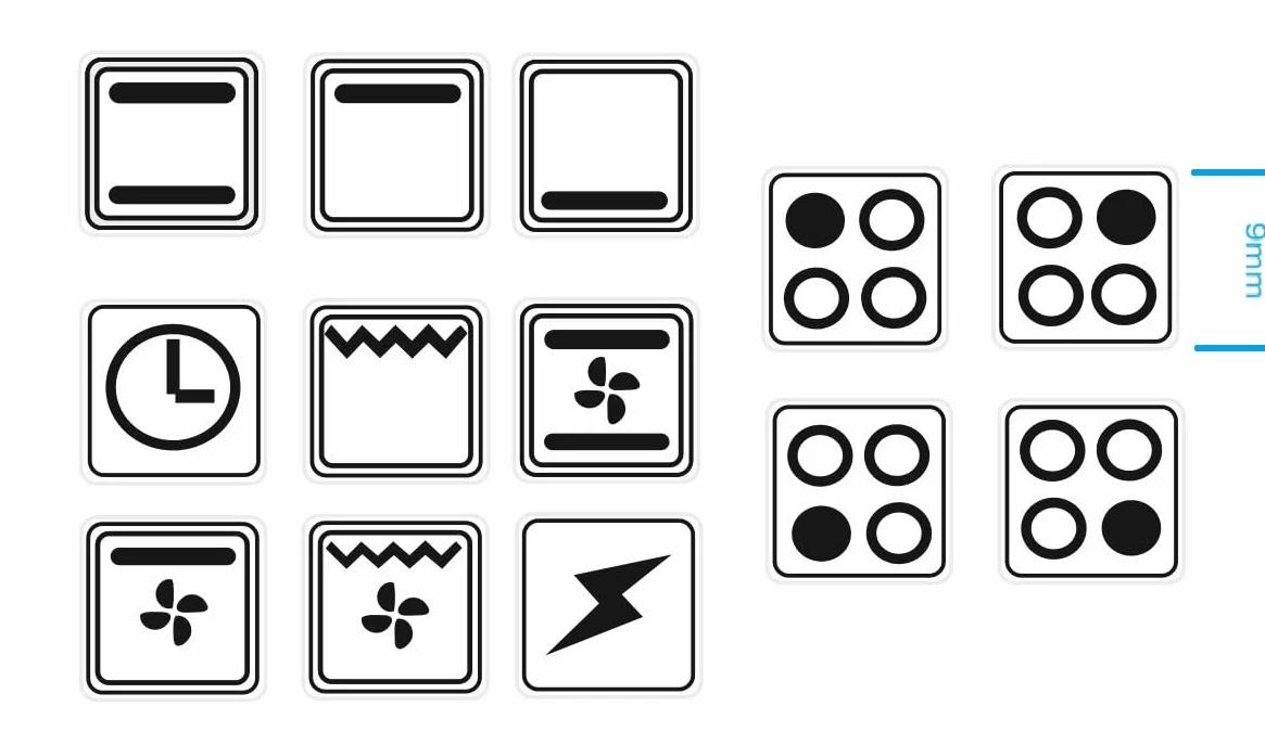 Zestaw naklejek na kuchenkę elektryczną, kuchenkę gazową, piekarnik, symbol oznaczenia (RPM2/1) (czarne symbole na przezroczystym tle, 9 mm)