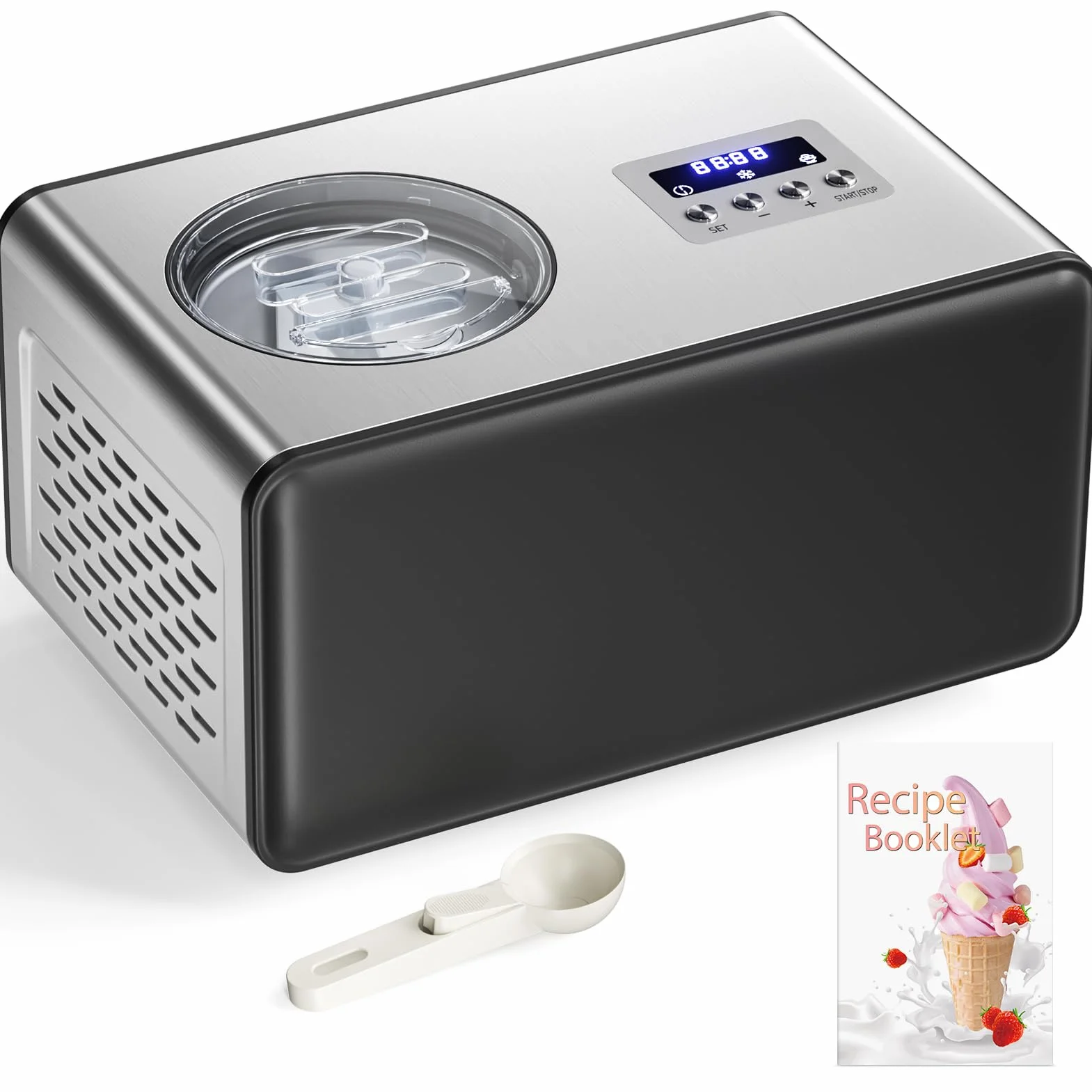 Maszyna do lodów 2L z Kompresorem, Samochłodząca 150 W 3 Tryby, robi lody, gelato, sorbety, smoothie bowl, koktajle mleczne i nie tylko, Idealna do domowego użytku