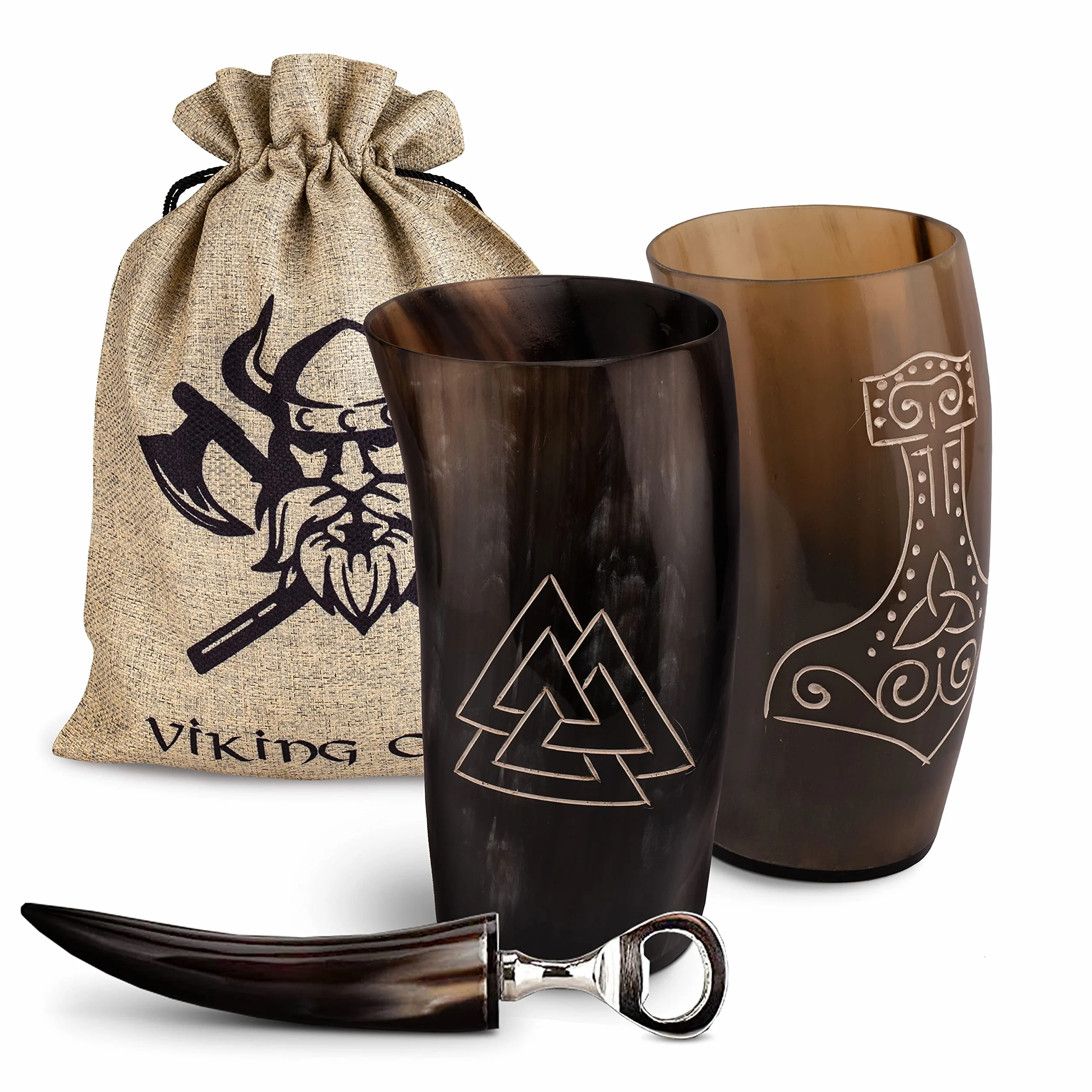 VIKING CRAFT® Kubek z rogiem Wikingów 2 x ok. 350 ml – duży kubek dla Wikingów Met miód miodowy – dekoracja Wikingów, kubek z miodu pitnego, zestaw rogów, średniowieczny kufel do piwa, LARP