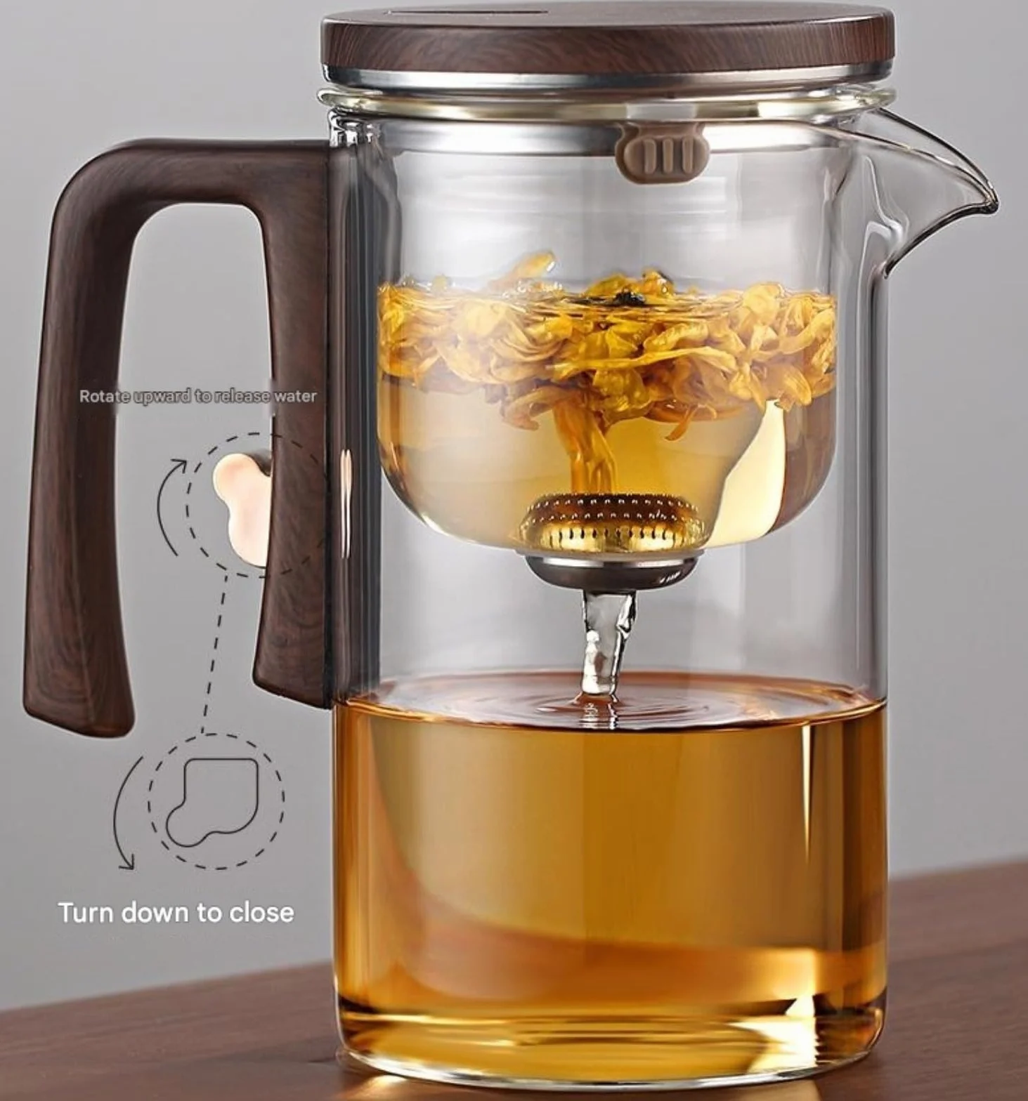 Generisch Enchanti Tea Pot, Enchantipot Magic Tea Po, szklany pojemnik na herbatę z drewnianą rączką, kontrola nacisku, magiczny garnek do herbaty, Enchantipot Magic Pot