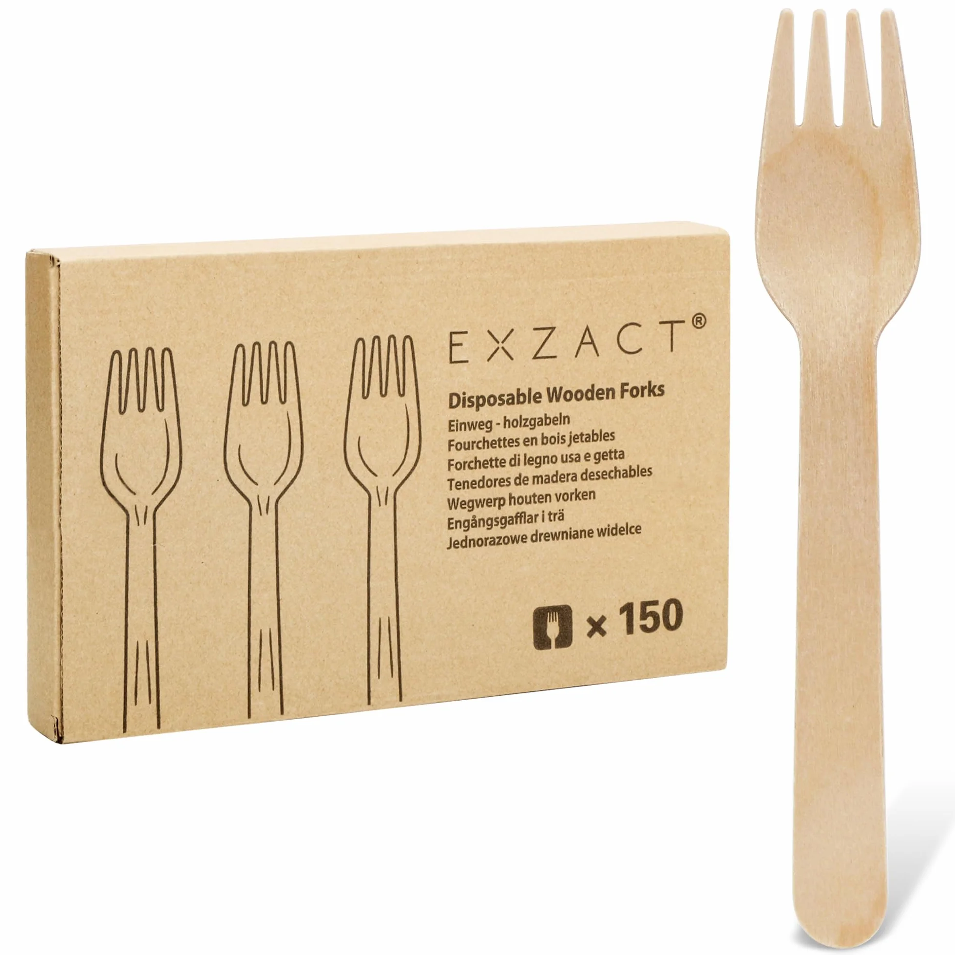 EXZACT Jednorazowe drewniane widelce 150 sztuk - nadające się do recyklingu - drewniane widelce na sztućce x 150, kemping, podróże i grill