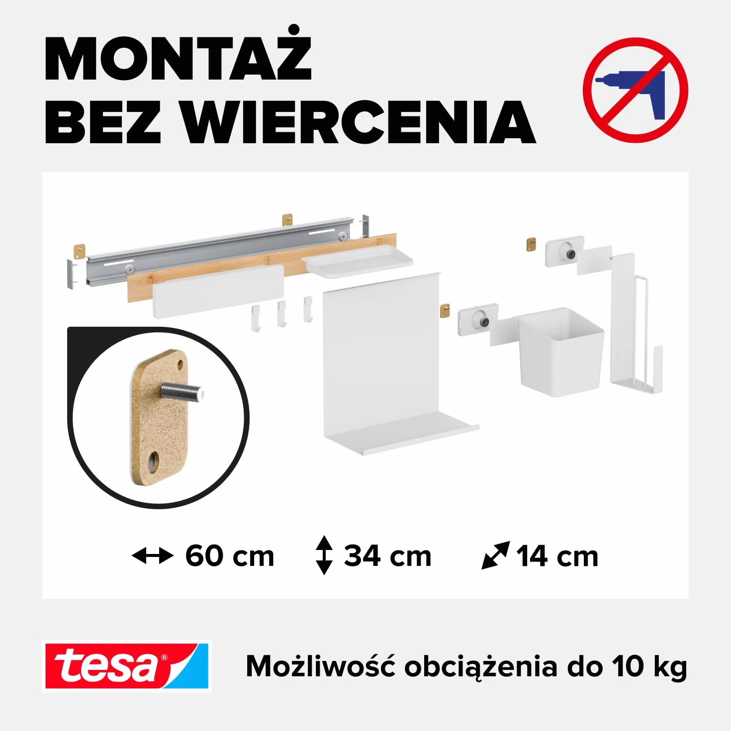 tesa Organizer Kuchenny Combi Set L - samoprzylepny reling kuchenny, doniczka na zioła, 2 półki, uchwyt na noże, uchwyt na rolki kuchenne, szyna z 3 haczykami - montaż bez wiercenia - bambus/biały