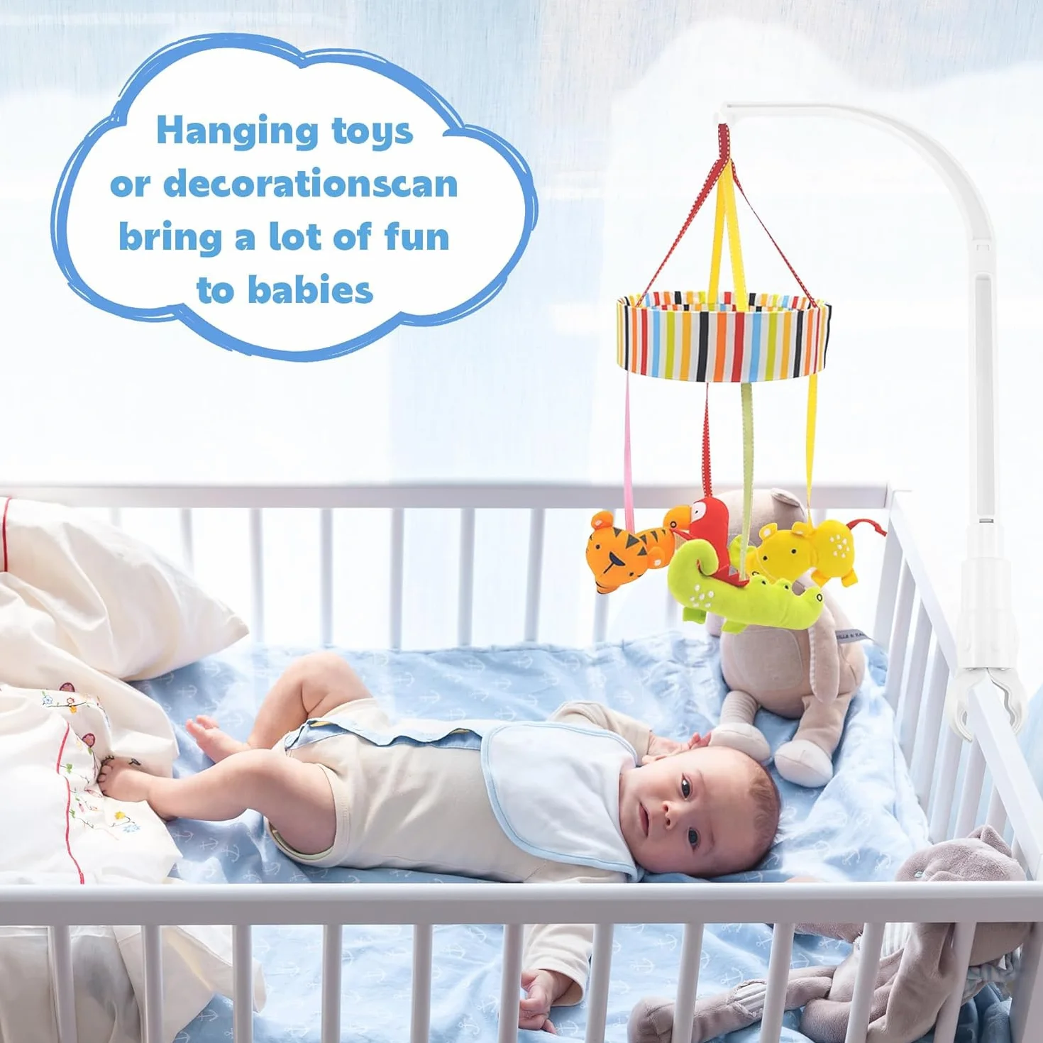 Uchwyt do karuzeli nad łóżeczko dziecięce Uchwyt do dzwonka, Zdejmowany stelaż karuzeli do łóżeczka dziecięcego, Regulowany uchwyt do łóżeczka dziecięcego, Uchwyt karuzeli nad kołyskę do