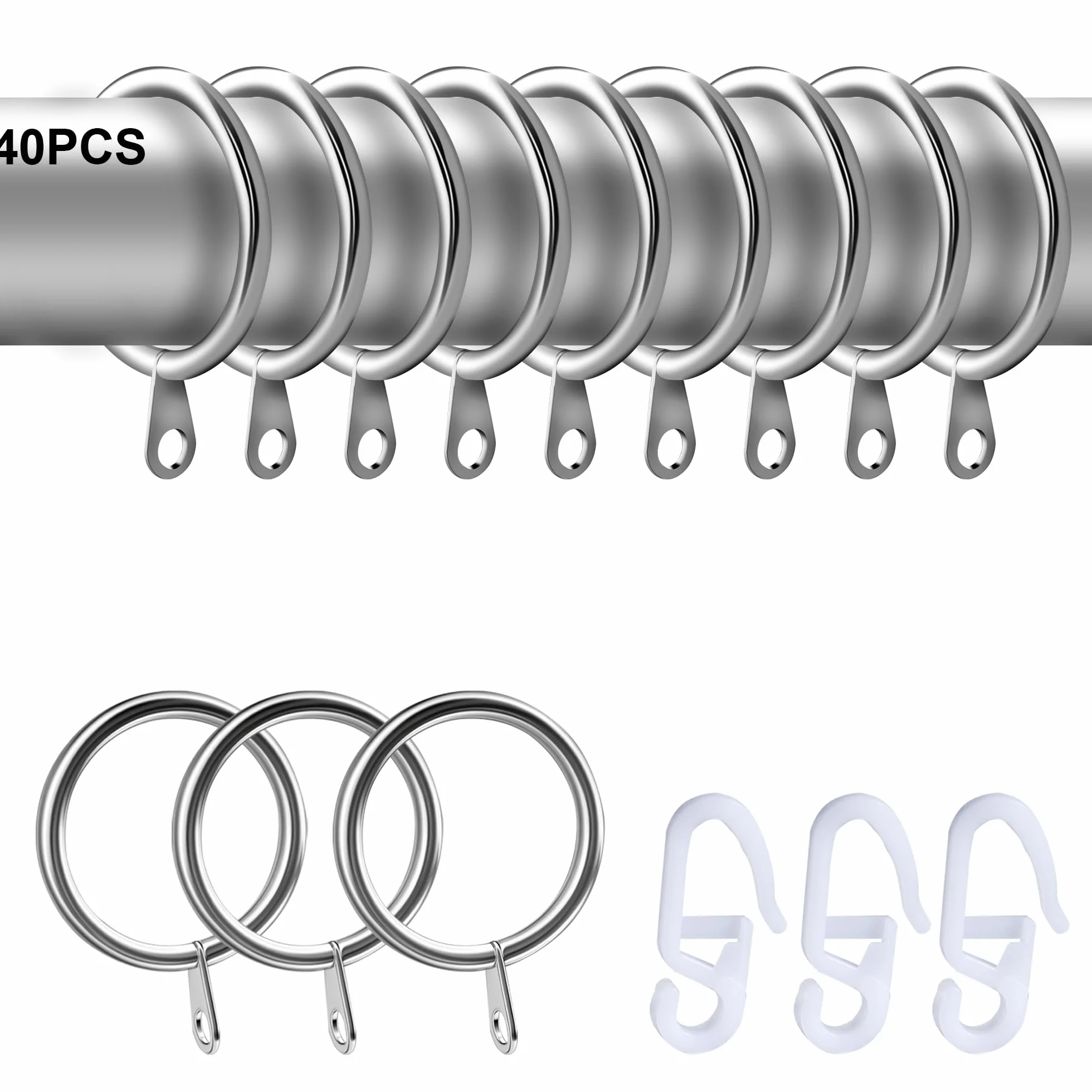 Pierścienie do zasłon, metalowe haczyki do zasłon, styl retro, 40 szt., 30 mm, średnica wewnętrzna, srebrne pierścienie do zasłon do kawiarni, materiał metalowy, idealne do przezroczystych zasłon w