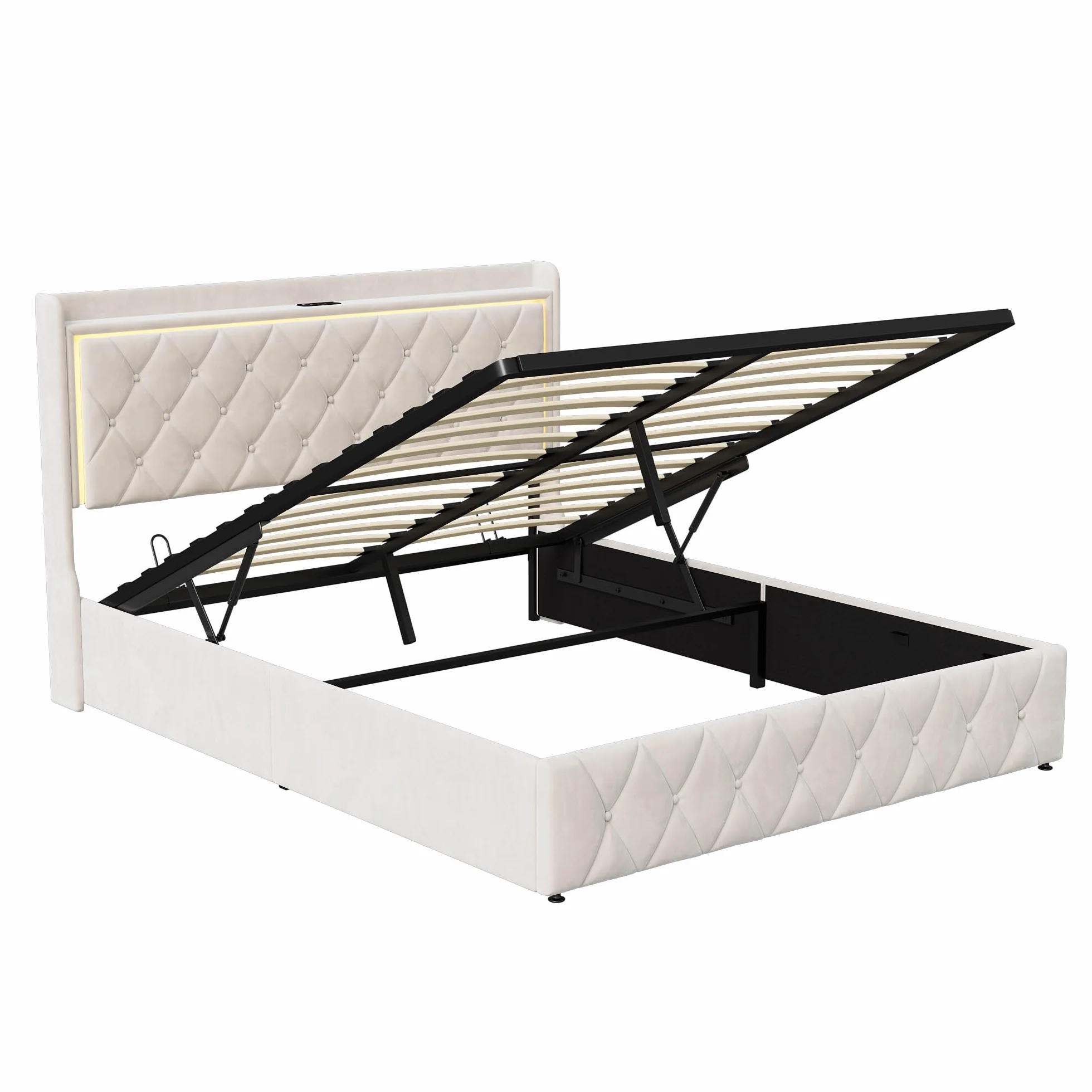MOTUZP Łóżko tapicerskie o wymiarach 140 x 190 cm z hydraulicznym schowkiem, zagłówek z oświetleniem LED i USB typu C, zagłówek do przechowywania, funkcjonalne łóżko dla dorosłych i młodzieży, bez
