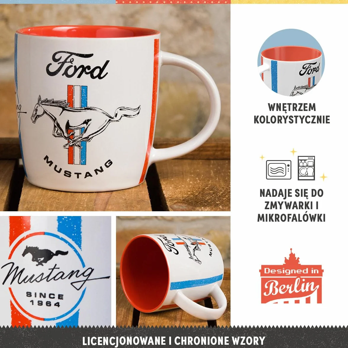 Nostalgic-Art Retro kubek ceramiczny 330 ml Ford Mustang Horse & Stripes Logo Pomysł na prezent dla miłośników Forda