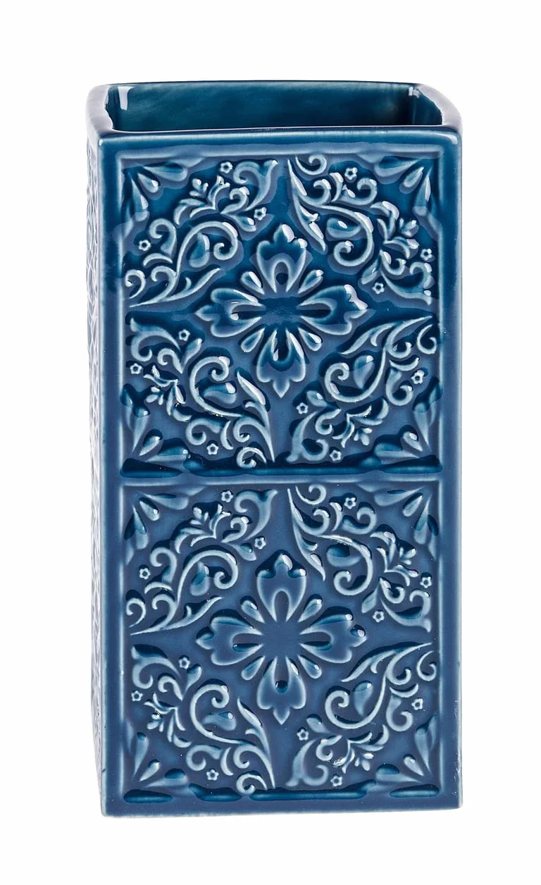 WENKO kubek Cordoba niebieski uchwyt na szczoteczkę do zębów i pastę do zębów, ceramiczny, 6,5 x 6,5 x 12 cm