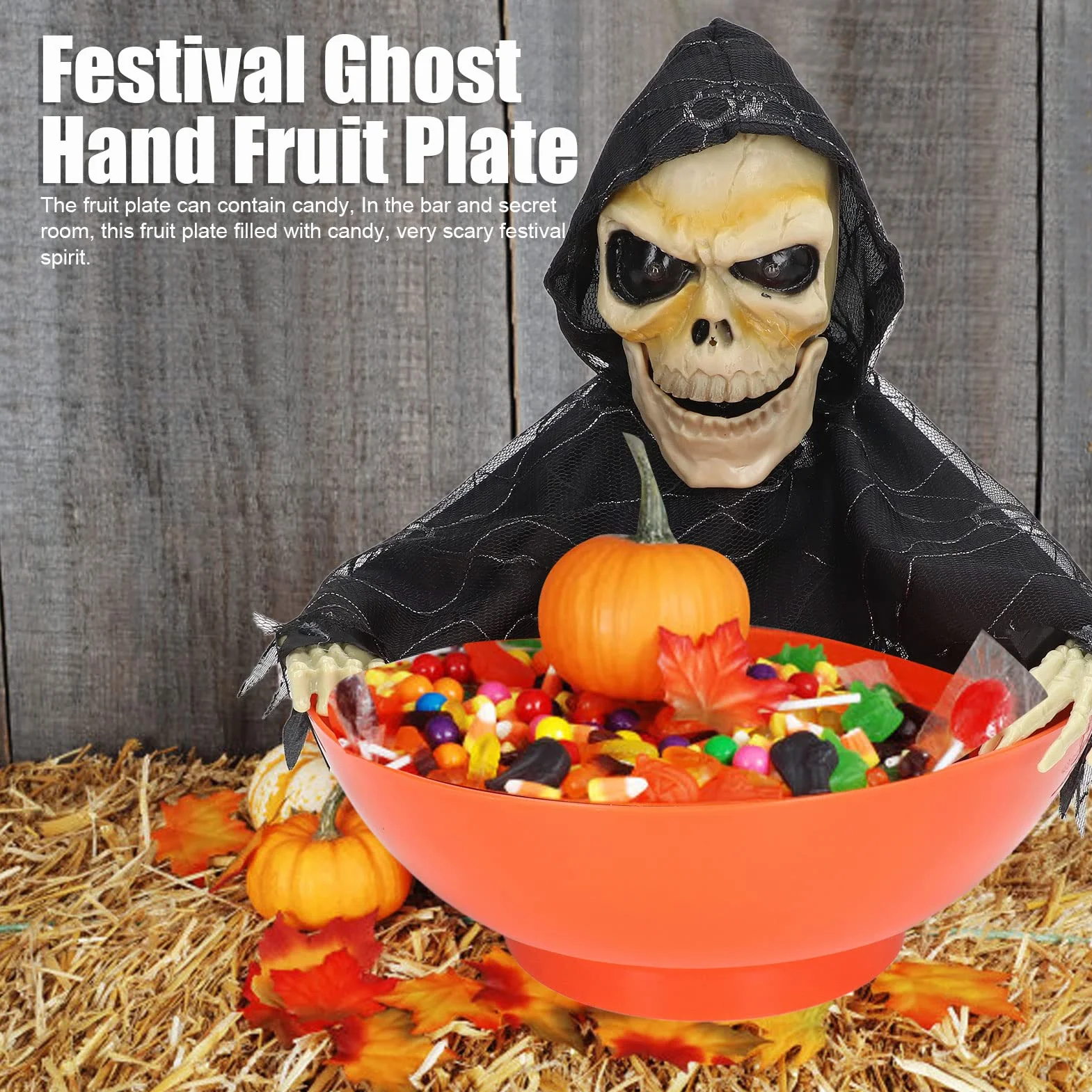 Halloween Candy Bowl z ruchomymi animowanymi cukierkami szkieletowymi, krzyczącym uchwytem na czaszkę i świecącymi oczami dla przerażającego wystroju