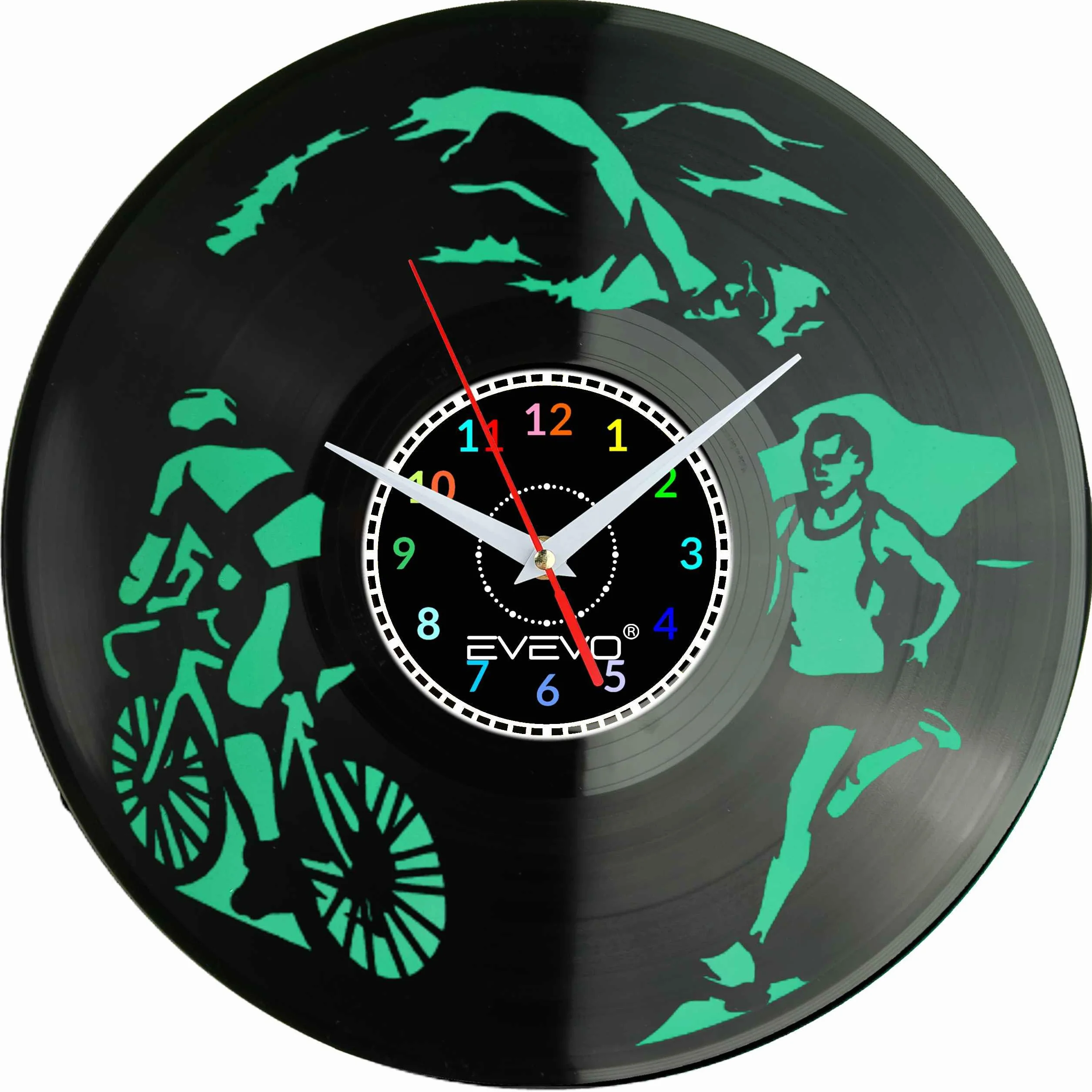ZEGAR ŚCIENNY IRONMAN TRIATHLON FLUORESCENCYJNE TŁO PŁYTA WINYLOWA PREZENT UPOMINEK URODZINY DLA NIEJ DLA NIEGO EVEVO F0010
