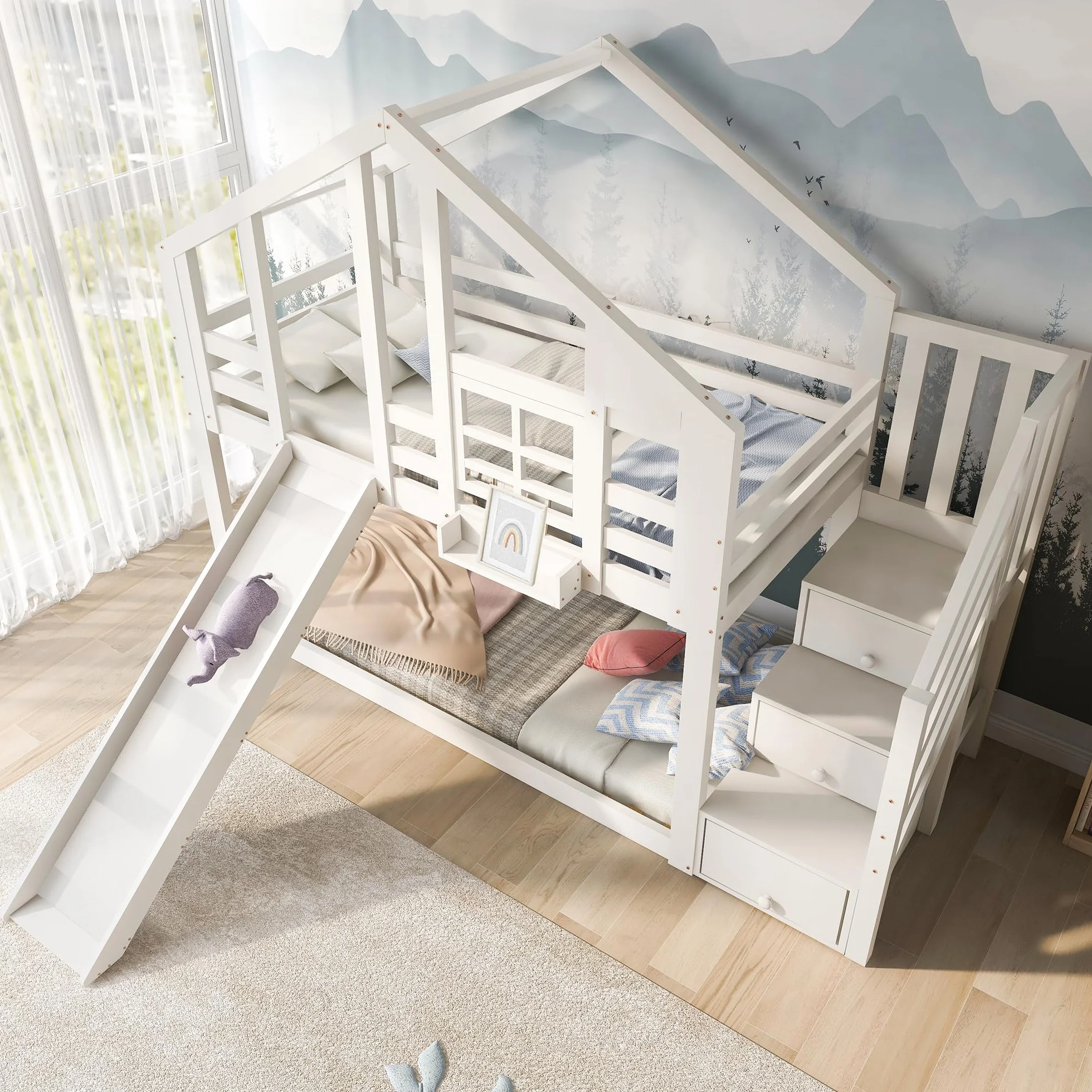 YESGIGA Łóżko dziecięce domek z zjeżdżalnią i drabinką 90 x 200 cm, łóżko piętrowe dla dzieci, łóżko dziecięce z barierką ochronną (z zjeżdżalnią i szufladą)