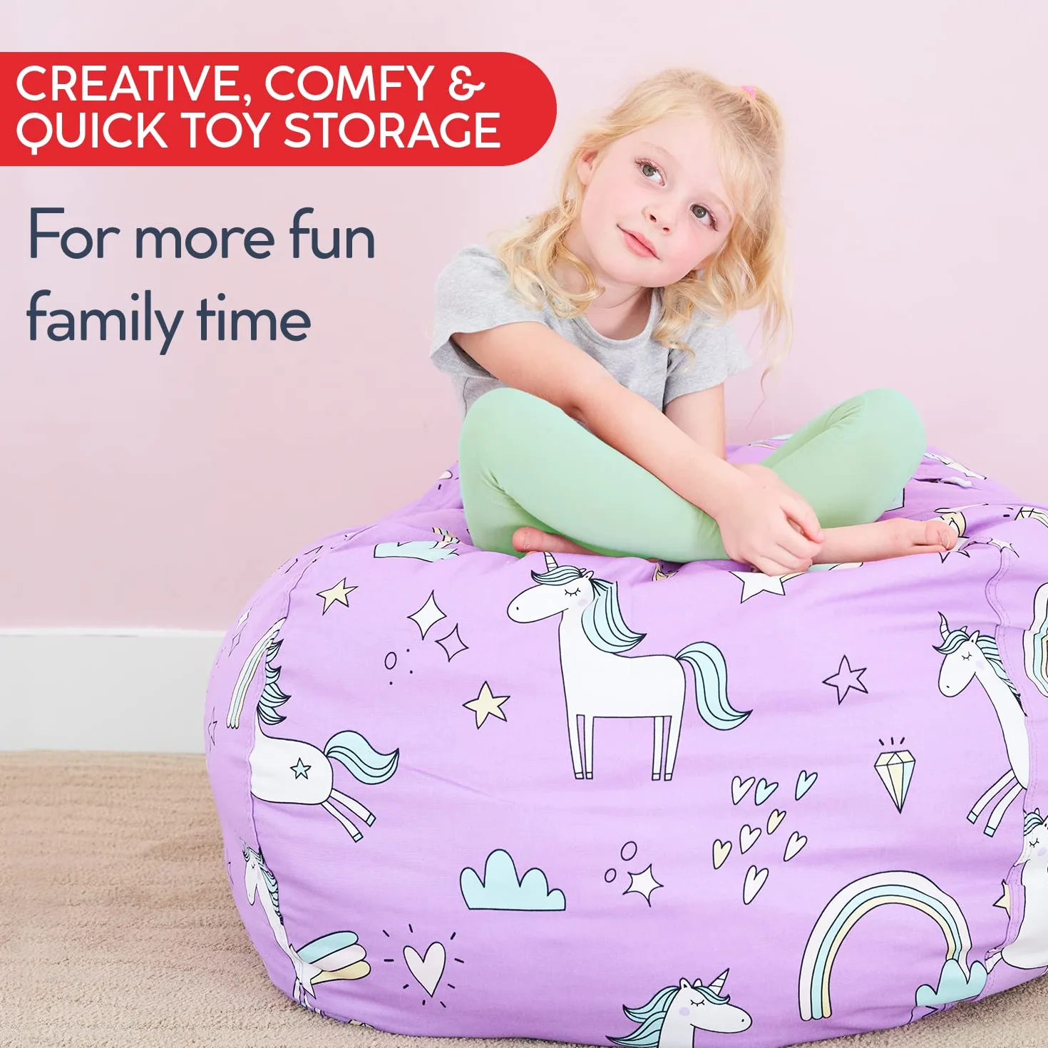 Creative QT Stuff 'n Sit bardzo duży worek do siedzenia 92 cm, pokrowiec do przechowywania wypchanych zwierząt i zabawek, fioletowy nadruk jednorożca, organizer do pokoju dla małych dzieci i dzieci,