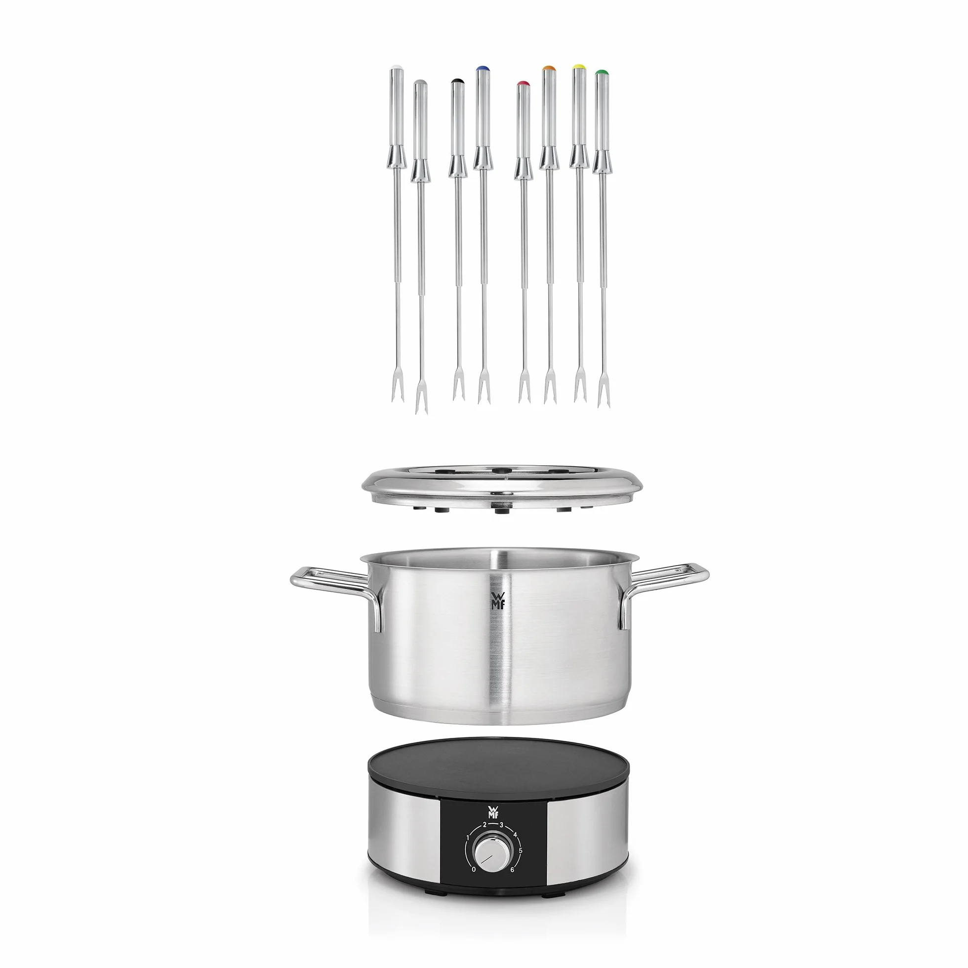 WMF Lono zestaw do fondue dla 8 osób, elektryczny fondue, 1400 W, regulacja temperatury, uchwyt na widelec, garnek indukcyjny 1,2 l, Hot Pot, stal nierdzewna matowa