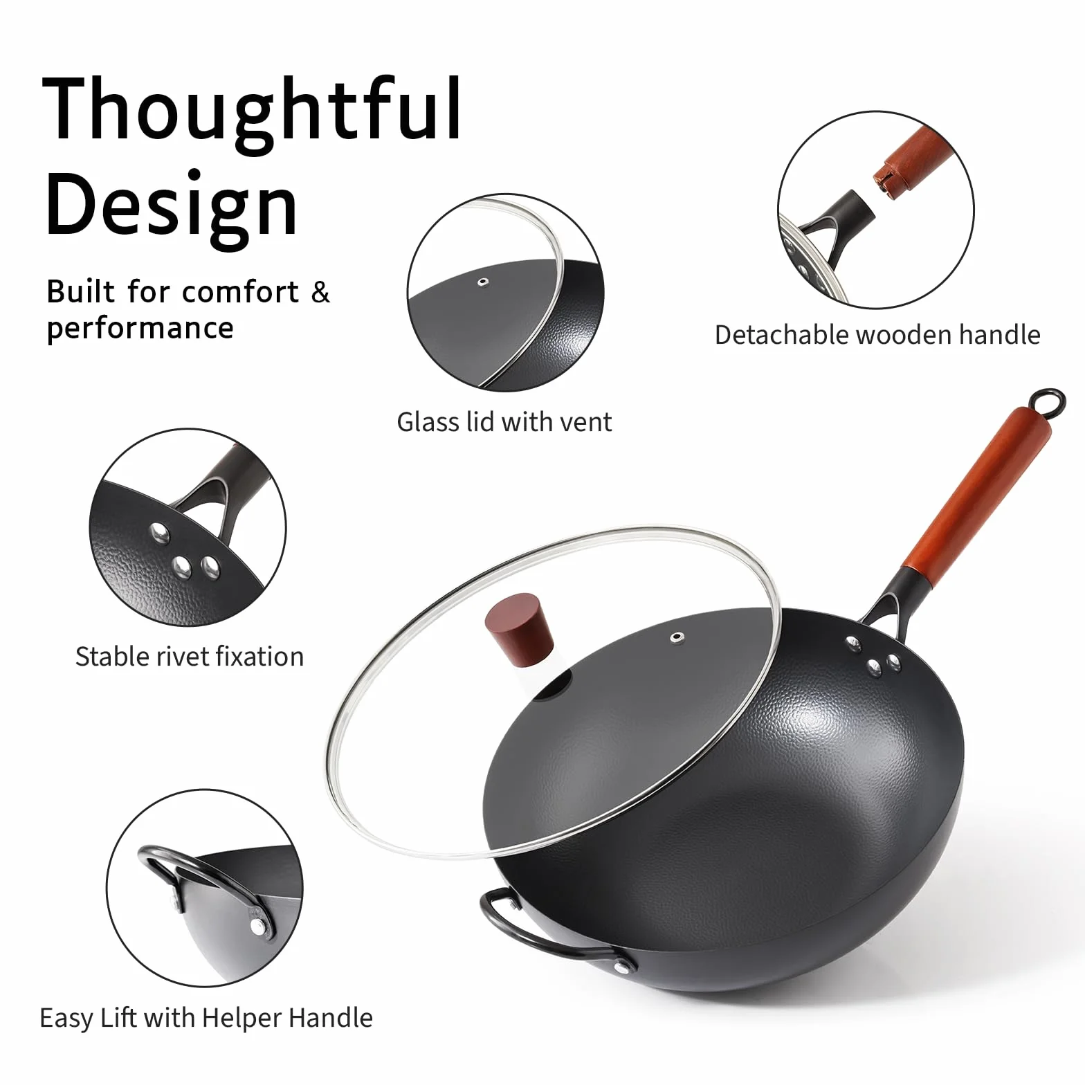 Kordisen Wok ze stali węglowej 32 cm z pokrywką, ergonomiczny drewniany uchwyt, płaskie dno do indukcji i gazu, naturalna nieprzywierająca, duża pojemność dla 3-6 osób, idealny do kuchni azjatyckiej