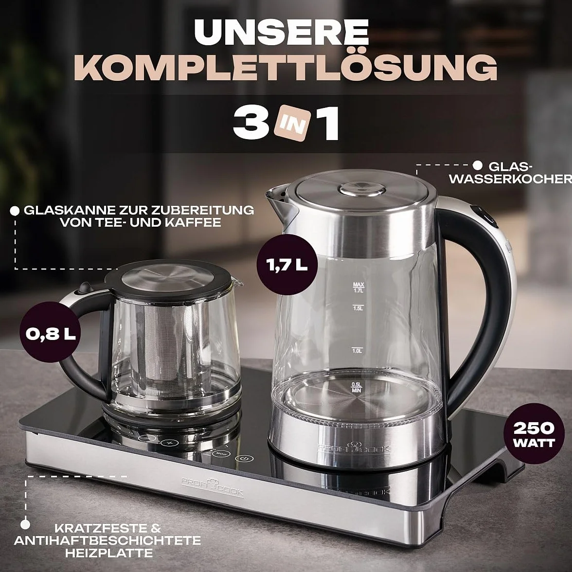 ProfiCook TKS1056 - Zestaw śniadaniowy - 3 w 1-2200 W - Sterowanie dotykowe - Kolor srebrny i czarny