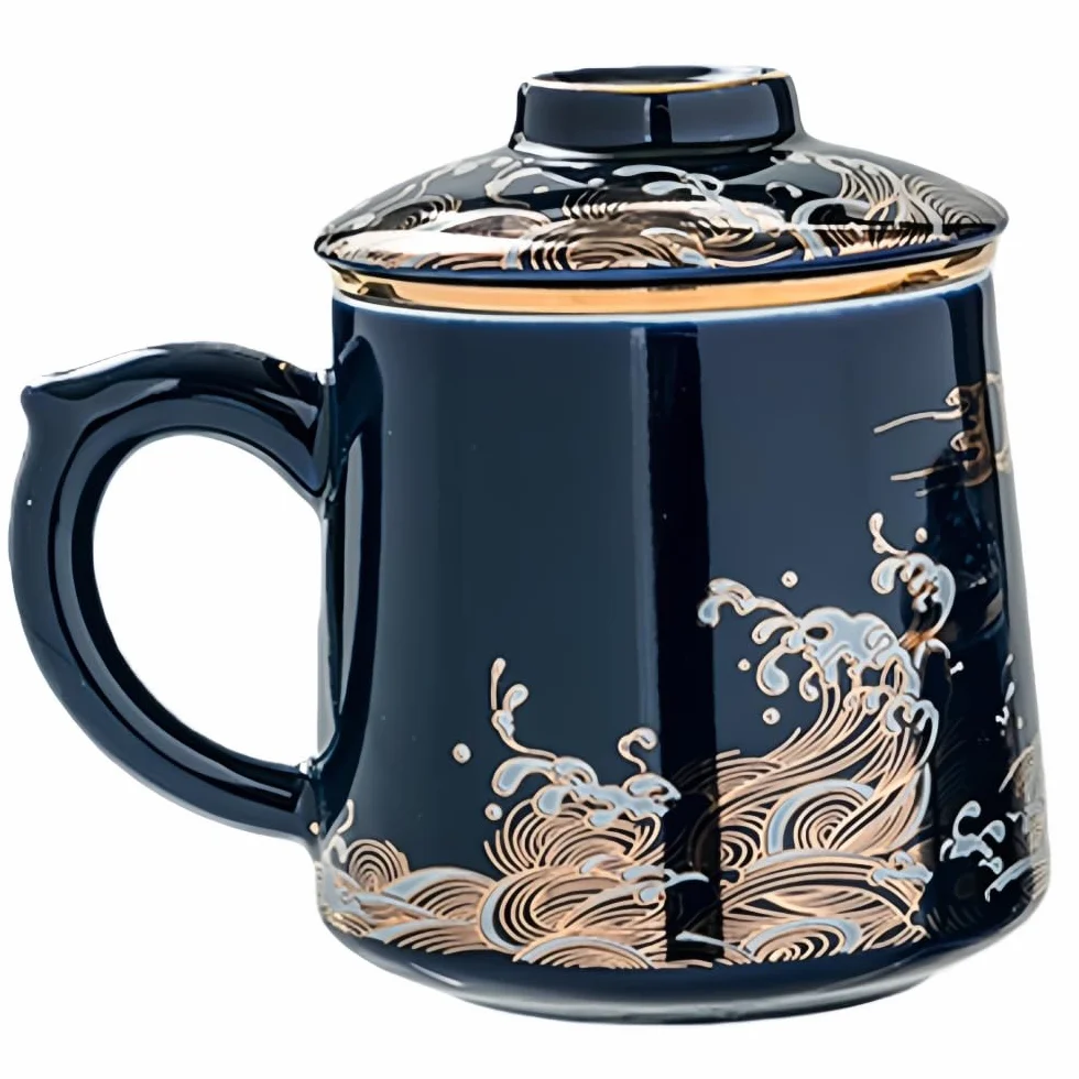 Kubek ceramiczny do herbaty z pokrywką i zaparzaczem do herbaty sypanej, wzór fal lub tygrys i chmura, kubek do zaparzania herbaty do biura i domu, wiele kolorów (Fale - Azure Blue)