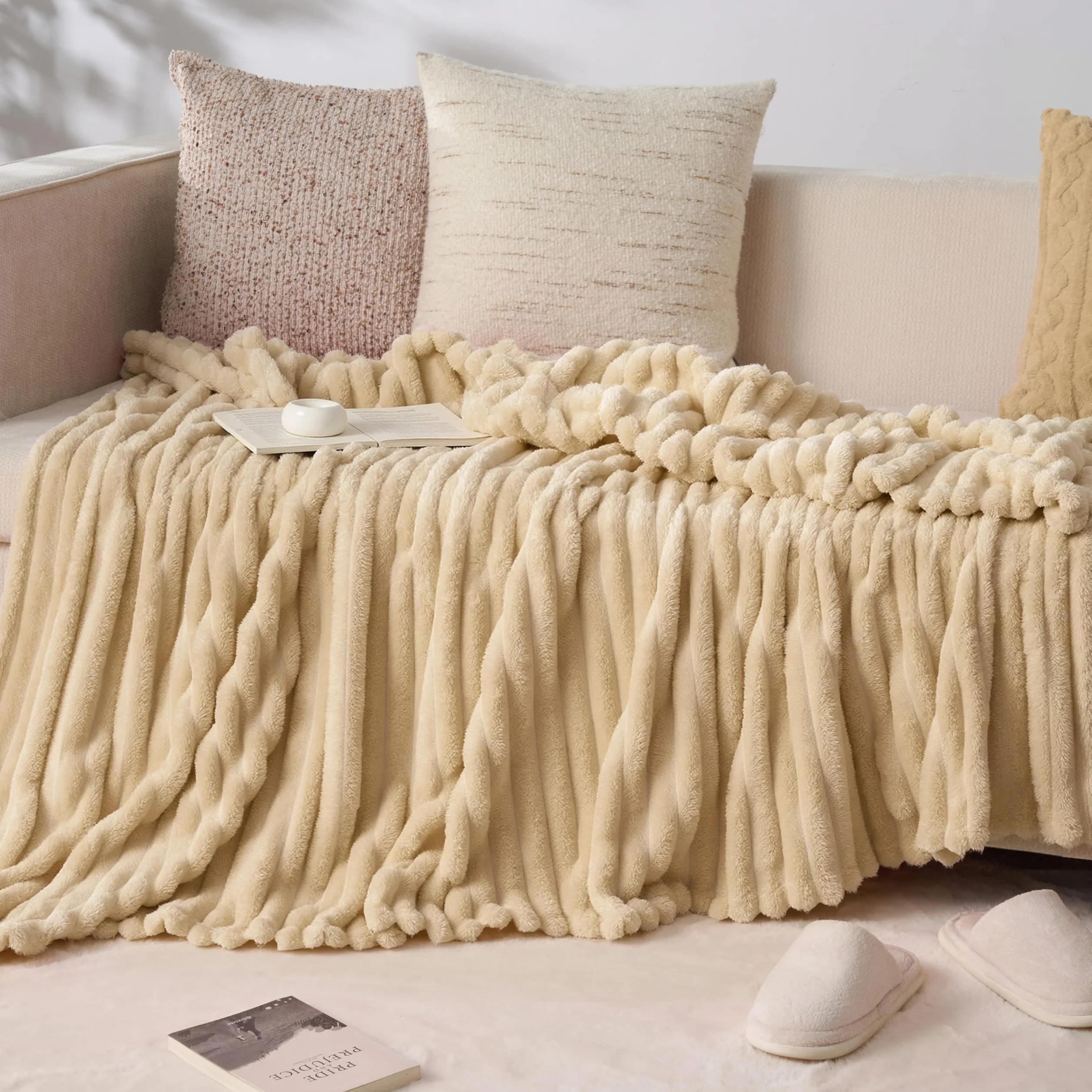 Joiedomi flanelowy koc w paski żakardowy len