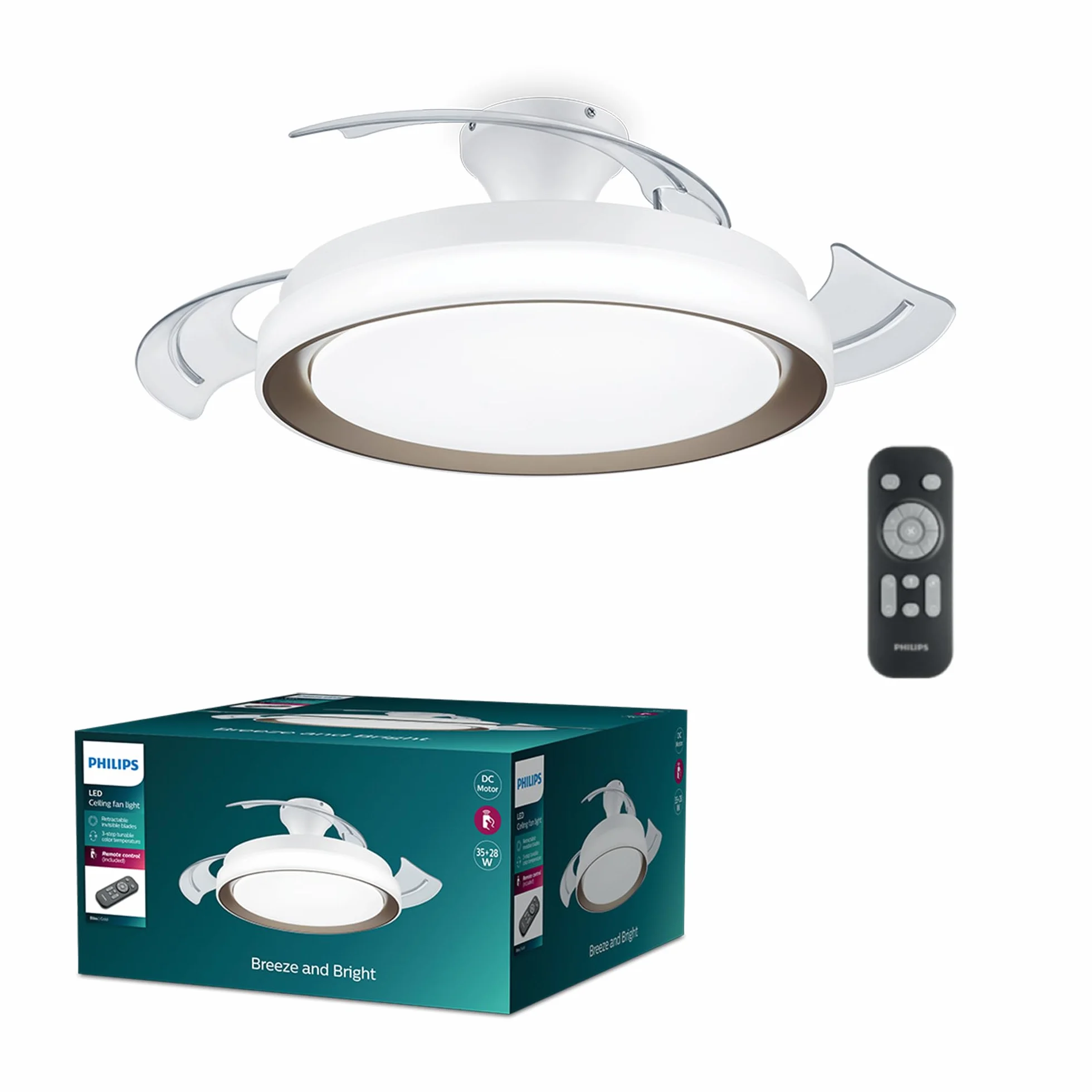 PHILIPS LED Bliss 28W Wentylator Sufitowy 35W, 2700K-4000K-5500K, w Zestawie z Pilotem, Złoto