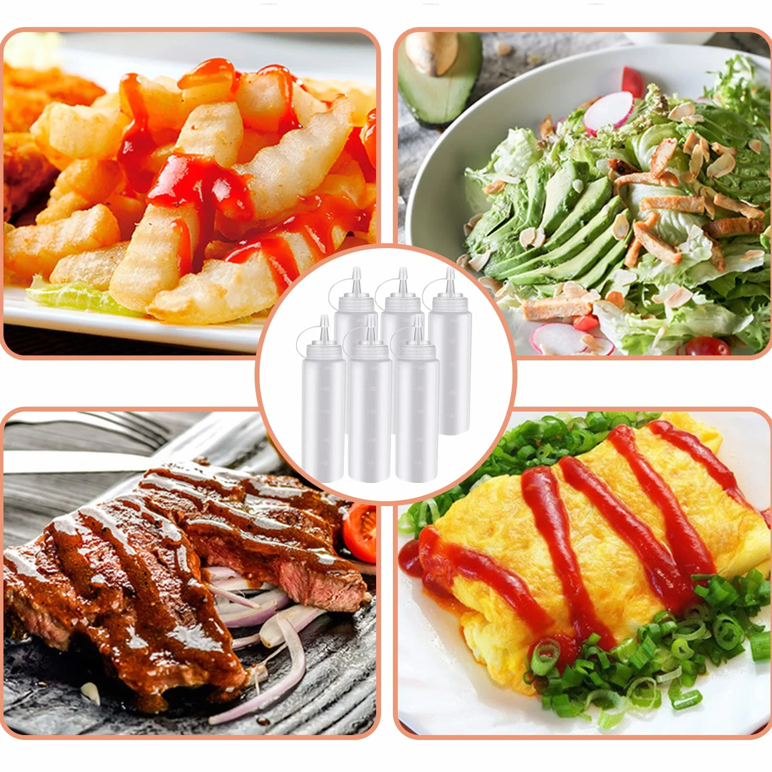 6 szt. 200 ml butelki do wyciskania, z tworzywa sztucznego, z zakrętką i miarką, pojemnik do keczupu, musztardy, BBQ, sosów, przypraw, sałatek, dressingów, oliwy z oliwek