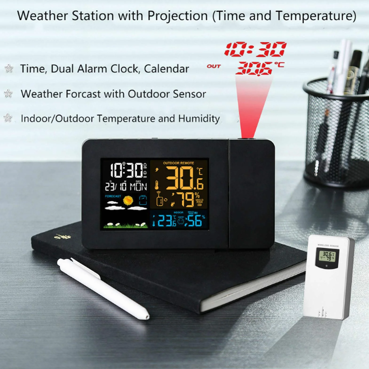 Stacja pogodowa, budzik, kolorowy wyświetlacz LCD, czujnik temperatury, prognoza pogody, zegar z monitorem pogody, termometr wewnętrzny i zewnętrzny