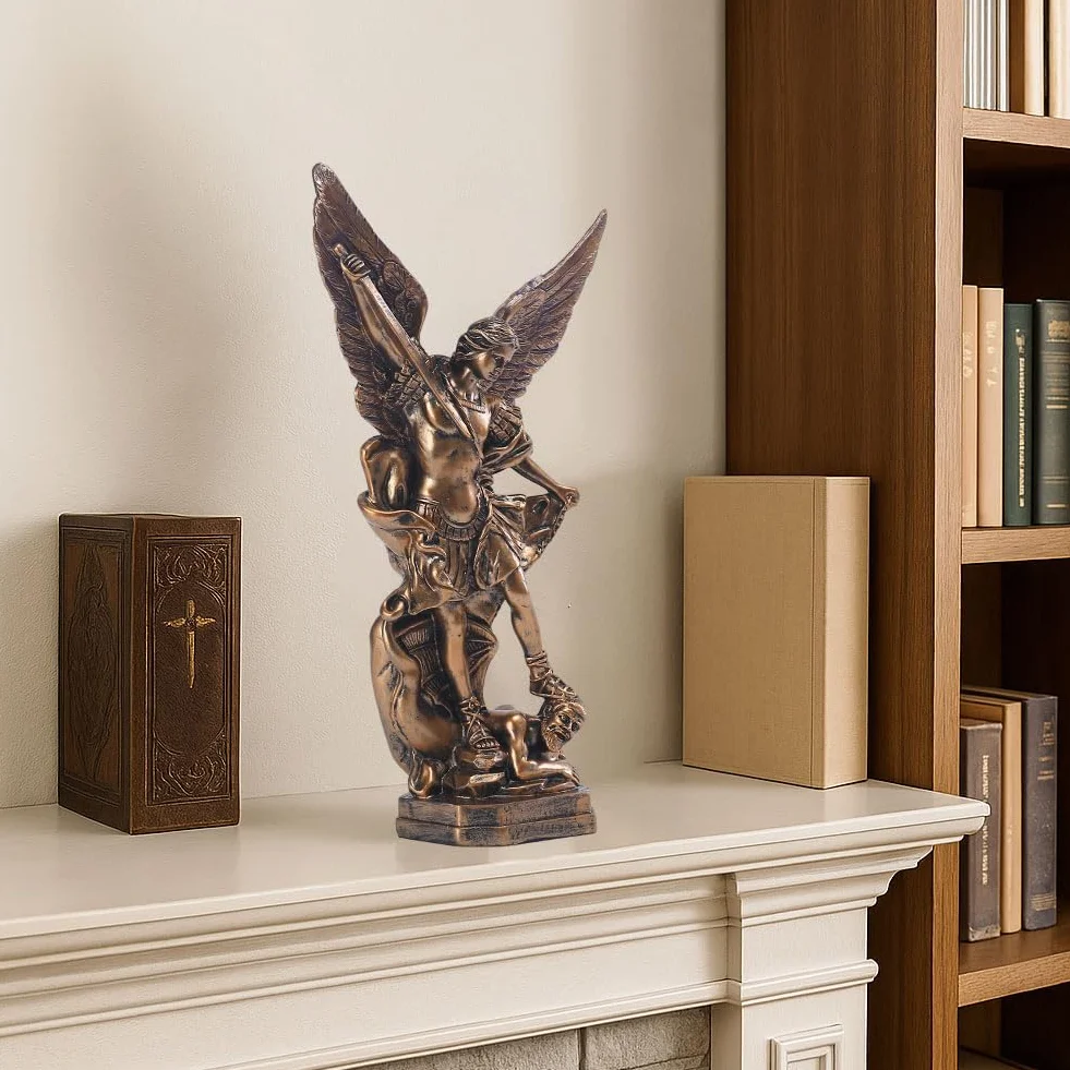 QIANLING 31,8 cm San Miguel Statuetka Archanioła, Statua św. Michała z żywicy pokrytej brązem, Święty Michał Archanioł zwycięstwo nad kolekcją szatana, nadaje się do kolekcji lub dekoracji