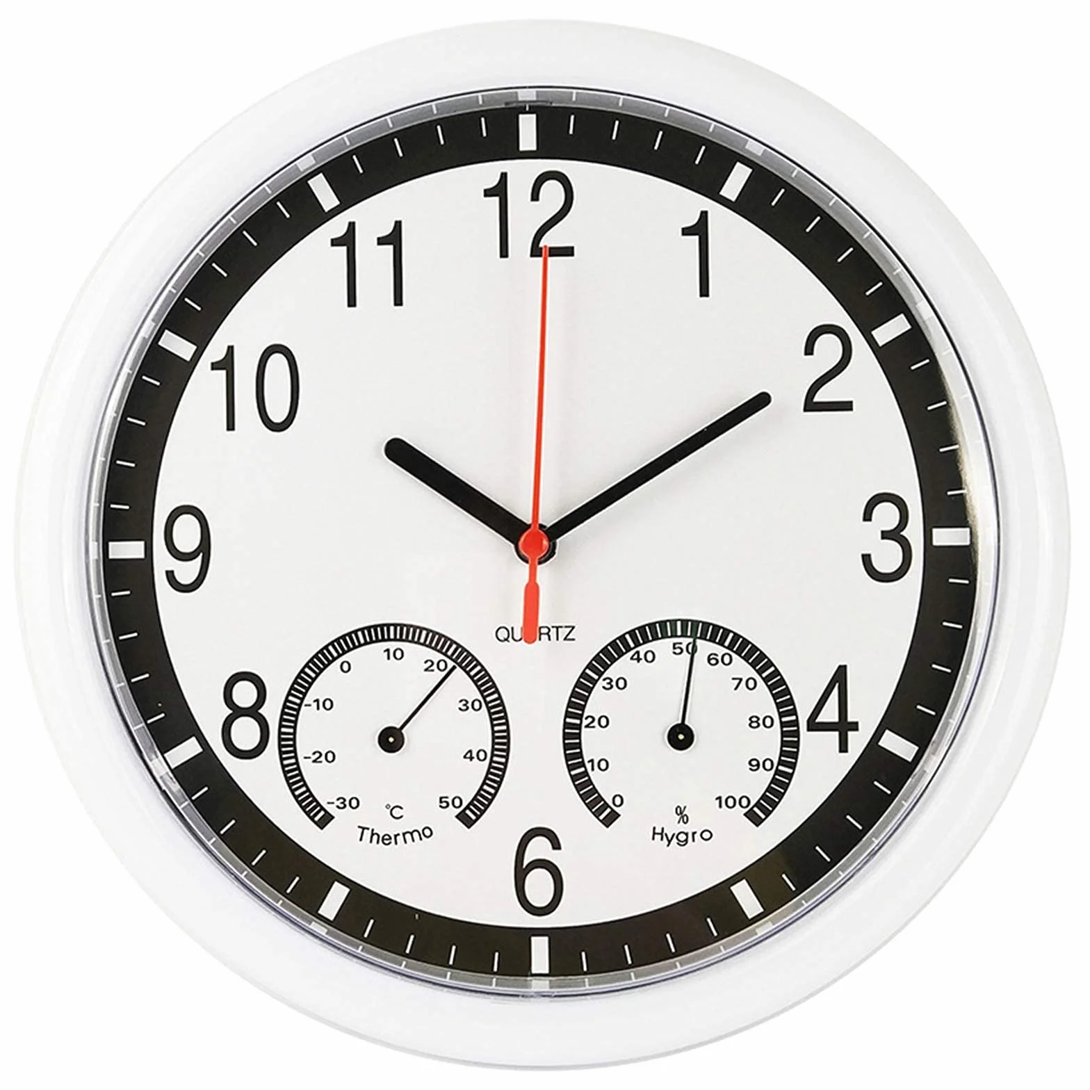 Zewnętrzny zegar ścienny ogrodowy, 25 cm z higrometrem, termometr ogrodowy, cichy zegar kwarcowy, wodoodporny zegar zewnętrzny, odporny na warunki atmosferyczne, zasilany bateriami, zegar