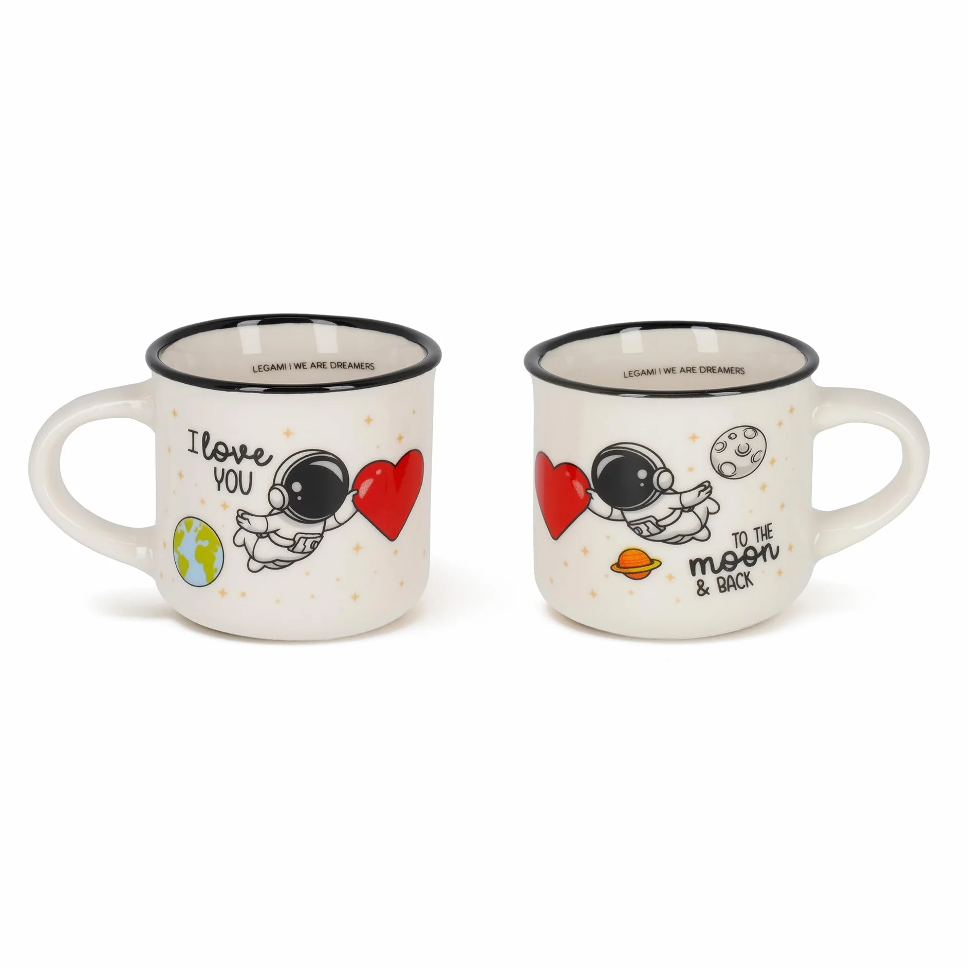 Legami - Filiżanki do Kawy Espresso For Two, 2 Szt. Porcelanowy Kubek z Nowej Kostnej Porcelany, Nadaje Się do Mycia w Zmywarce, Motyw Astronauta I Love You, Średnica 5,5 cm