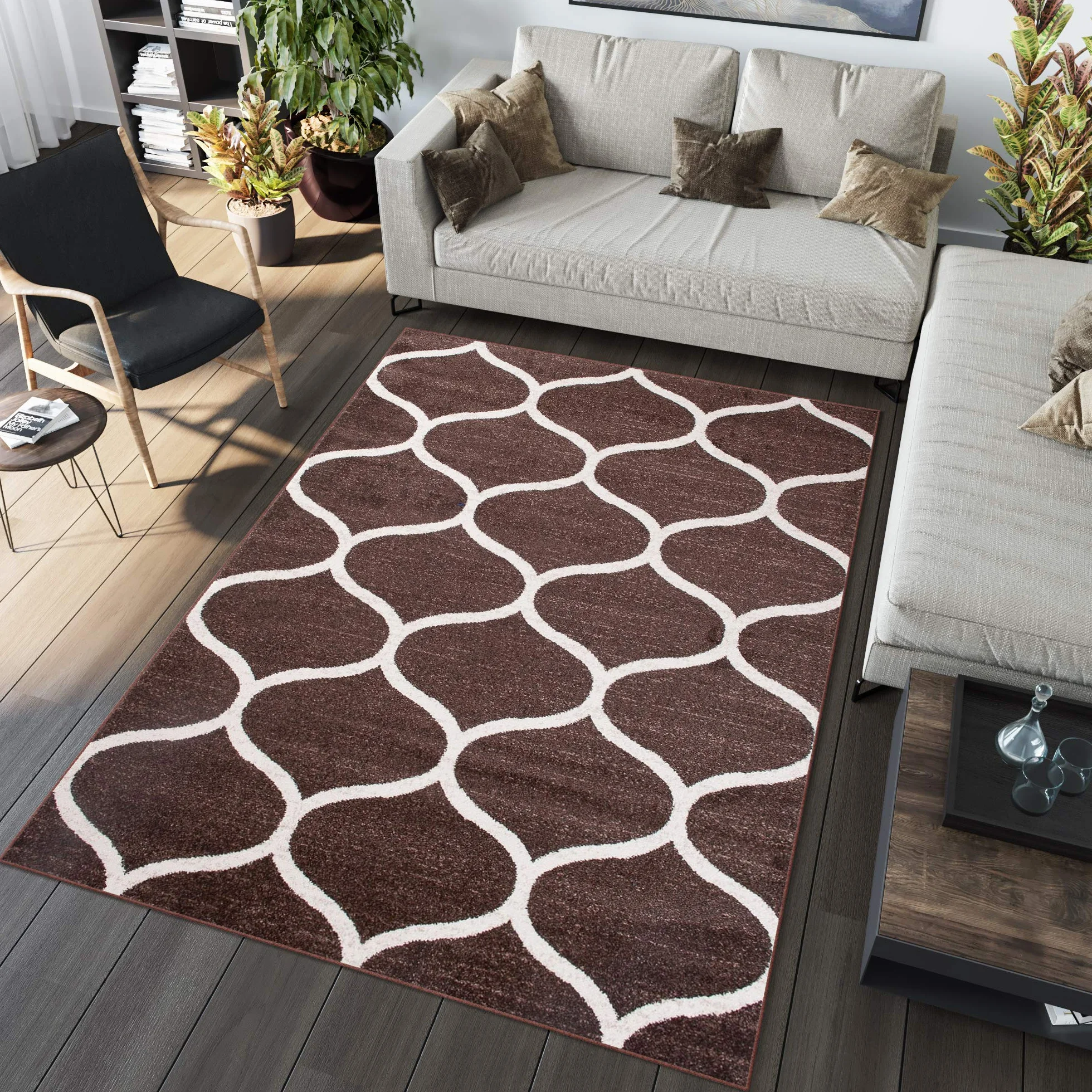 Tapiso Sari dywan z krótkim włosiem, ciemnobrązowy, kremowy, geometryczny, marokański, wzór melanżowy, do salonu, sypialni, Ökotex 220 x 320 cm
