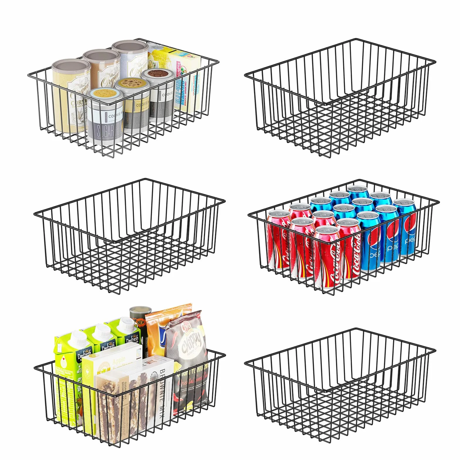 Simple Trending 6-pak dużych koszy drucianych do organizacji, metalowe kosze do przechowywania spiżarni do szafki, kuchni, garażu, łazienki, czarne