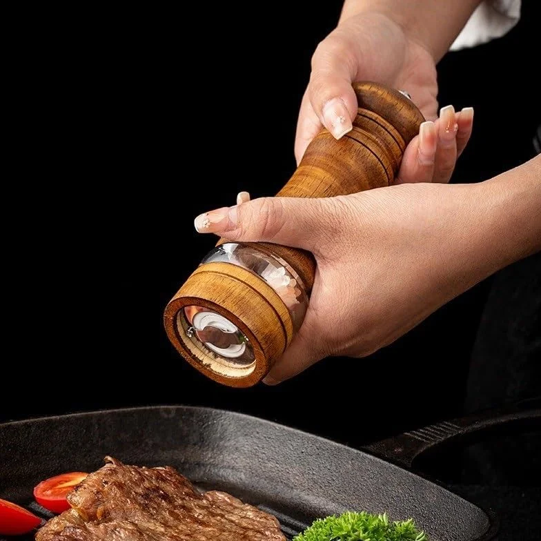 Zestaw młynka do soli i pieprzu, Dębowa ręczna butelka na przyprawy Czarna, odpowiednia do kuchni domowej, restauracyjnej, zbierania pieprzu świeżym powietrzu lub młynka soli