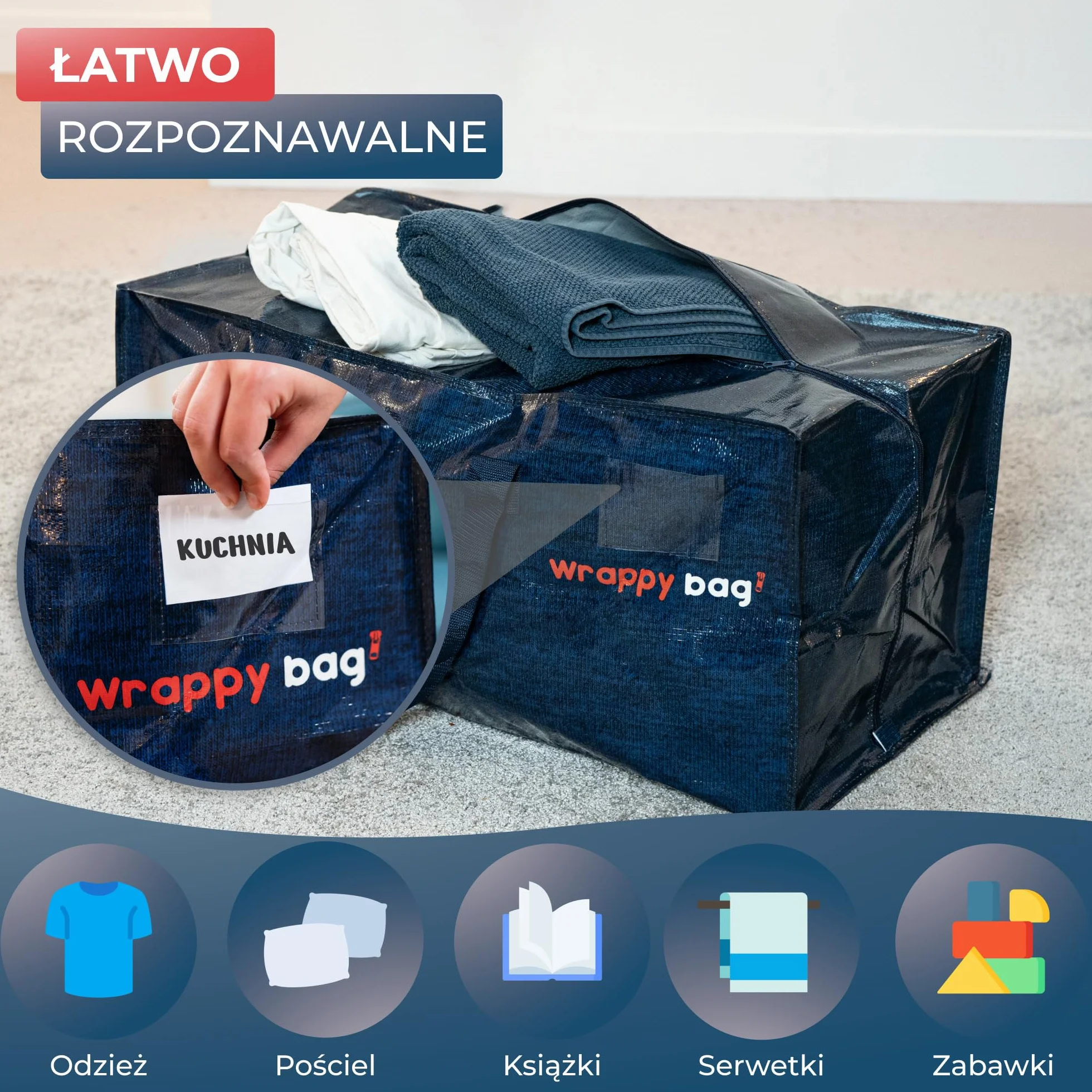 WRAPPYBAG Zestaw 6 Dużych Toreb do Przechowywania w Formie Plecaka – Torby Jumbo XXL – Przeprowadzka Podróż – Solidne, Grube Wodoodporne Wzmocnionymi Uchwytami – Na Odzież, Pościel – 76 x 36 x 38 cm