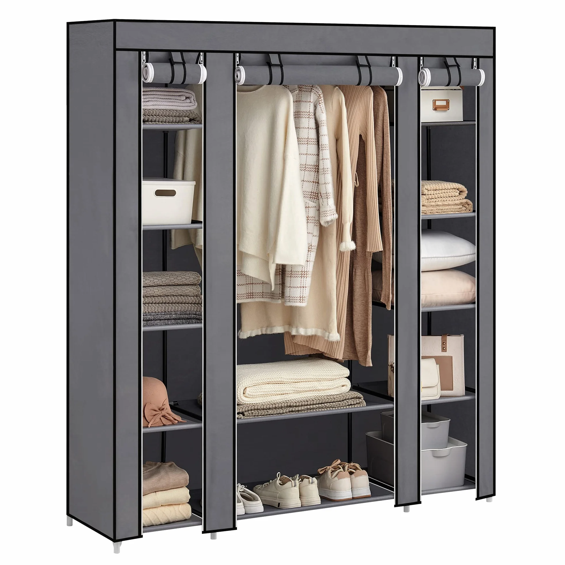 SONGMICS Szafa na ubrania, szafa z materiału, 12 z drążkiem na ubrania i półkami, stabilna szafa, do sypialni, garderoby, 150 x 45 x 175 cm, szara LSF03G