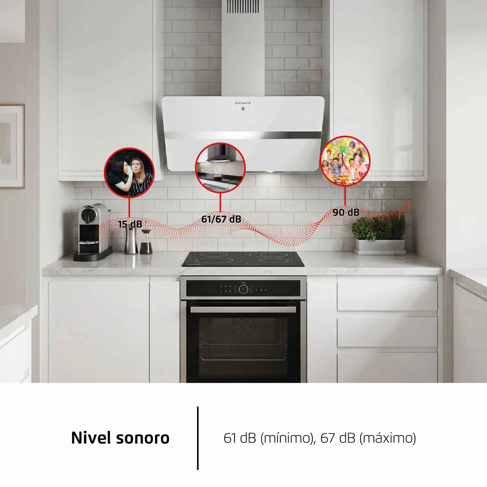 Corberó VicTORIA960W Dekoracyjny Dzwonek, 90 cm, 165 W, 3 prędkości, Control Touch, Przepływ 594,2 m3/h, kolor szkła hartowanego, 1 x filtr aluminiowy, filtr węglowy, energia A