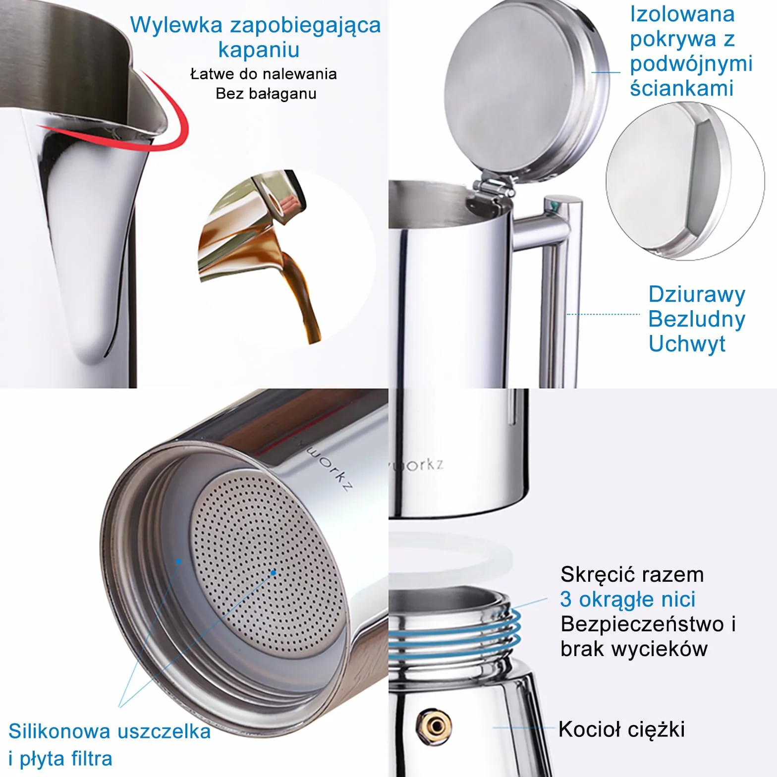 Easyworkz Diego Ekspres do kawy z płytą kuchenną Espresso Moka Pot 300 ml (6 filiżanek), srebrny