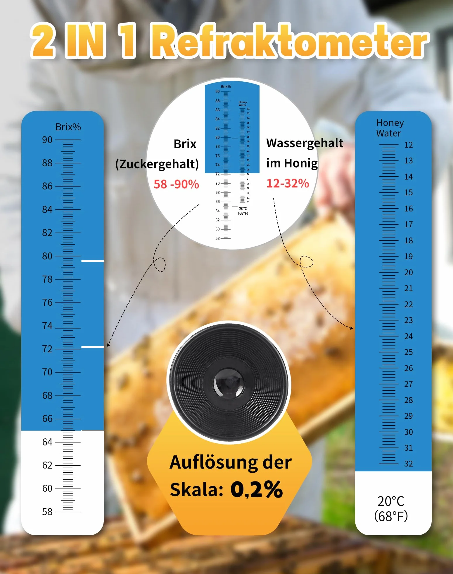 LAOYE Refraktometr miodu 2 w 1 refraktometr pszczelarski 10-32% zawartości wody miodu 58-90% Brix refraktometr do miodu, syropu cukrowego, dżemu owocowego, melasy, testera miodu, refraktometr ATC z