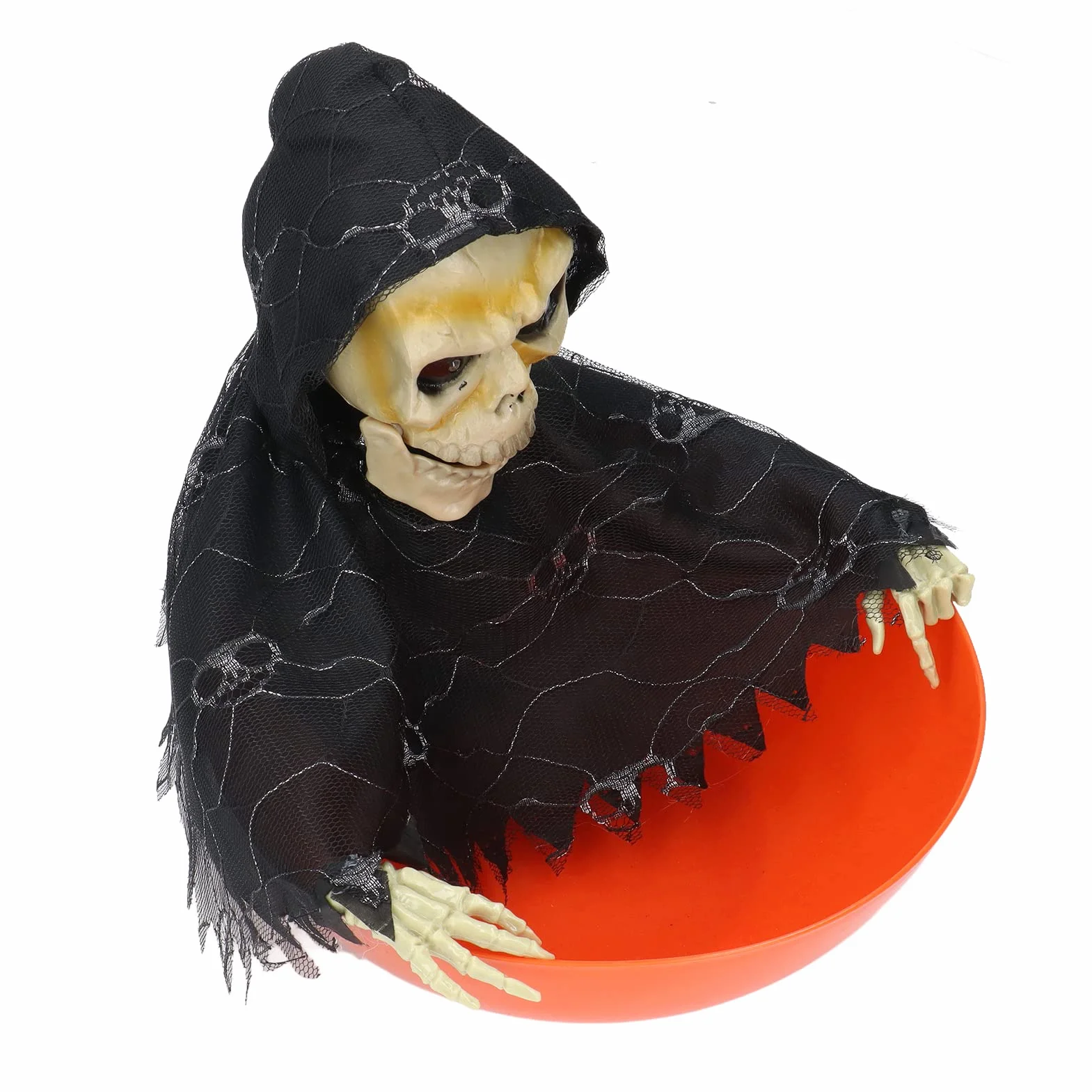 Halloween Candy Bowl z ruchomymi animowanymi cukierkami szkieletowymi, krzyczącym uchwytem na czaszkę i świecącymi oczami dla przerażającego wystroju