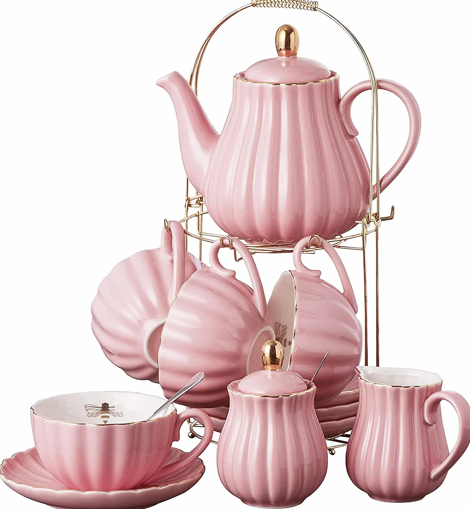 YBK Tech porcelanowy zestaw do herbaty w stylu euro ze stojakiem, czajniczek z 4 filiżankami i spodkami, złota pszczoła wewnątrz kubka (różowy)