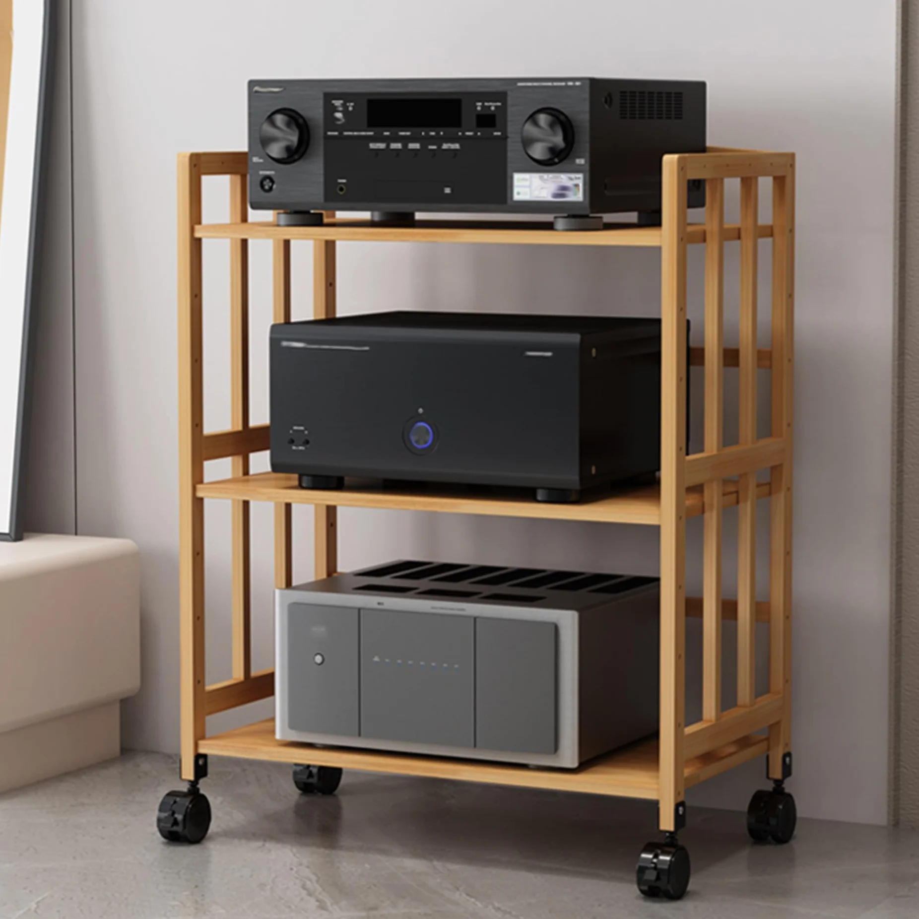 3-poziomowy stojak AV Ma, drewniana wieża Ste Tower do konsoli do gier DVD, routery, narożnik Sto na płyty CD i gramofony pod TV Entertainment Center